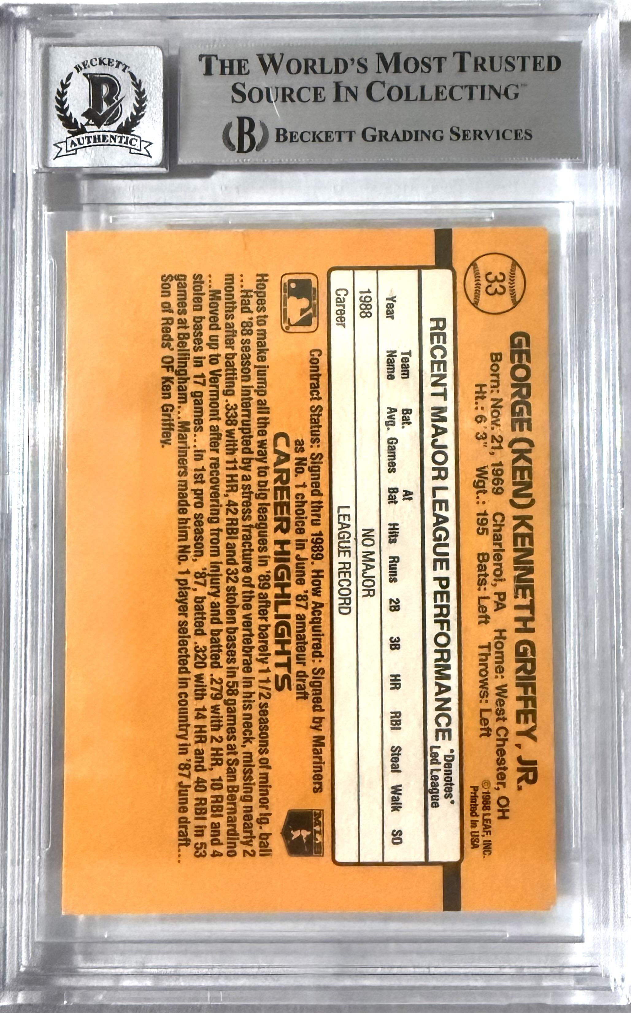 1989 Donruss Donruss #33 Ken Griffey Jr. Rookie Autograph BGS Auto 10