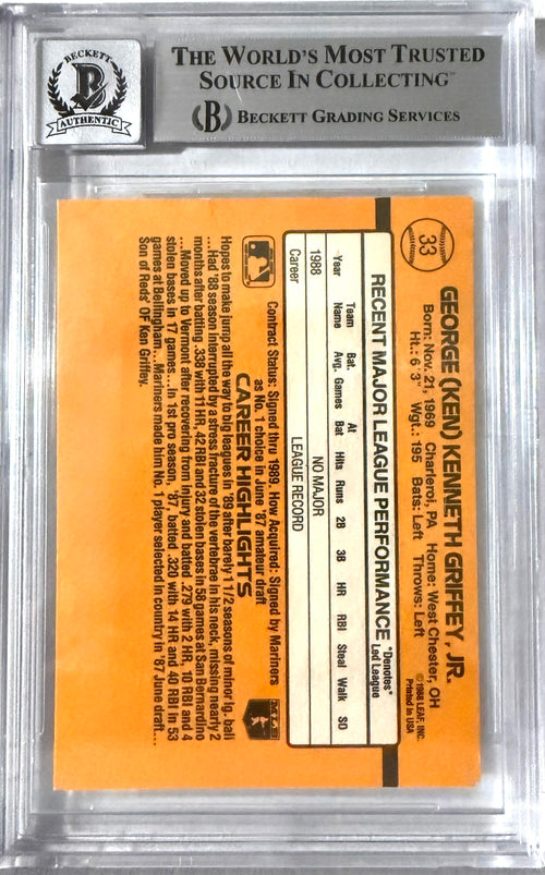 1989 Donruss Donruss #33 Ken Griffey Jr. Rookie Autograph BGS Auto 10