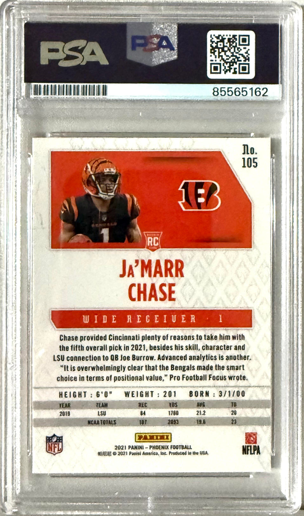 2021 Panini Phoenix Panini #105 Ja'Marr Chase Rookie PSA Auth READ DESCRIPTION