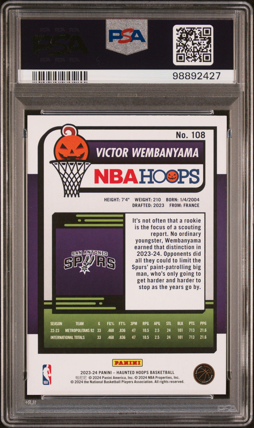 2023 Panini Haunted Hoops #108 Victor Wembanyama PSA 10