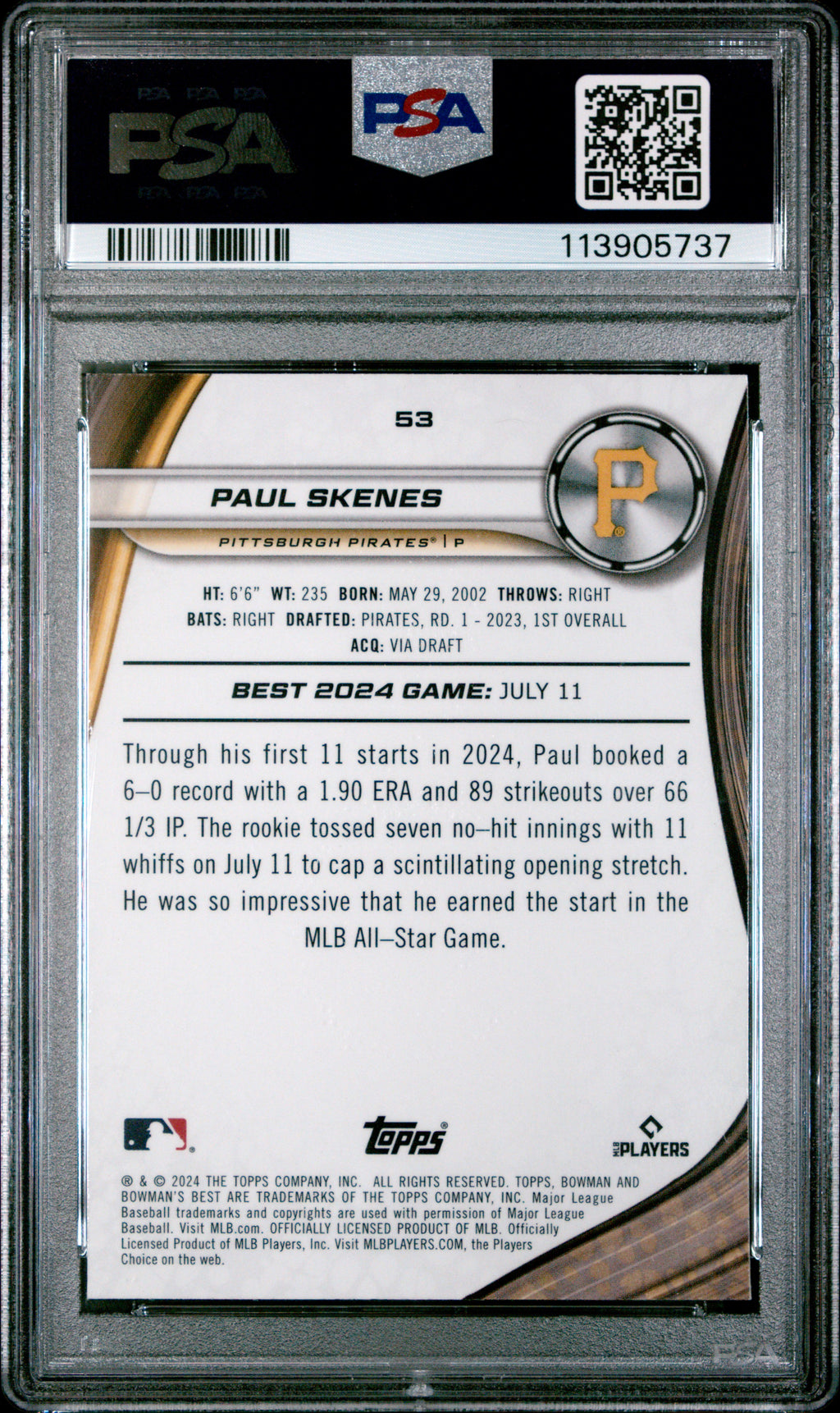 2024 Bowman'S Best #53 Paul Skenes PSA 10