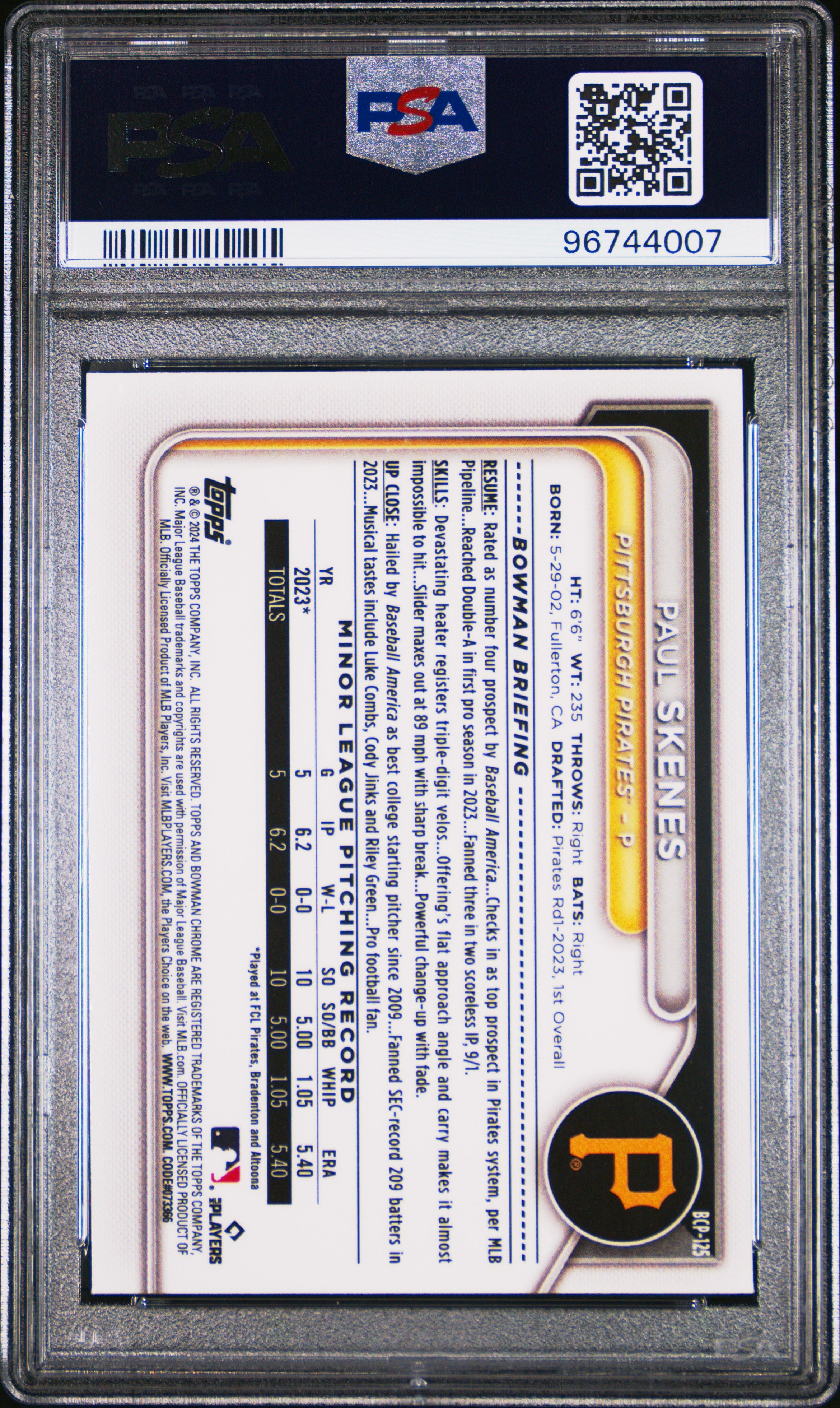 2024 Bowman Mega Box Chrome Prospects #125 Paul Skenes PSA 10