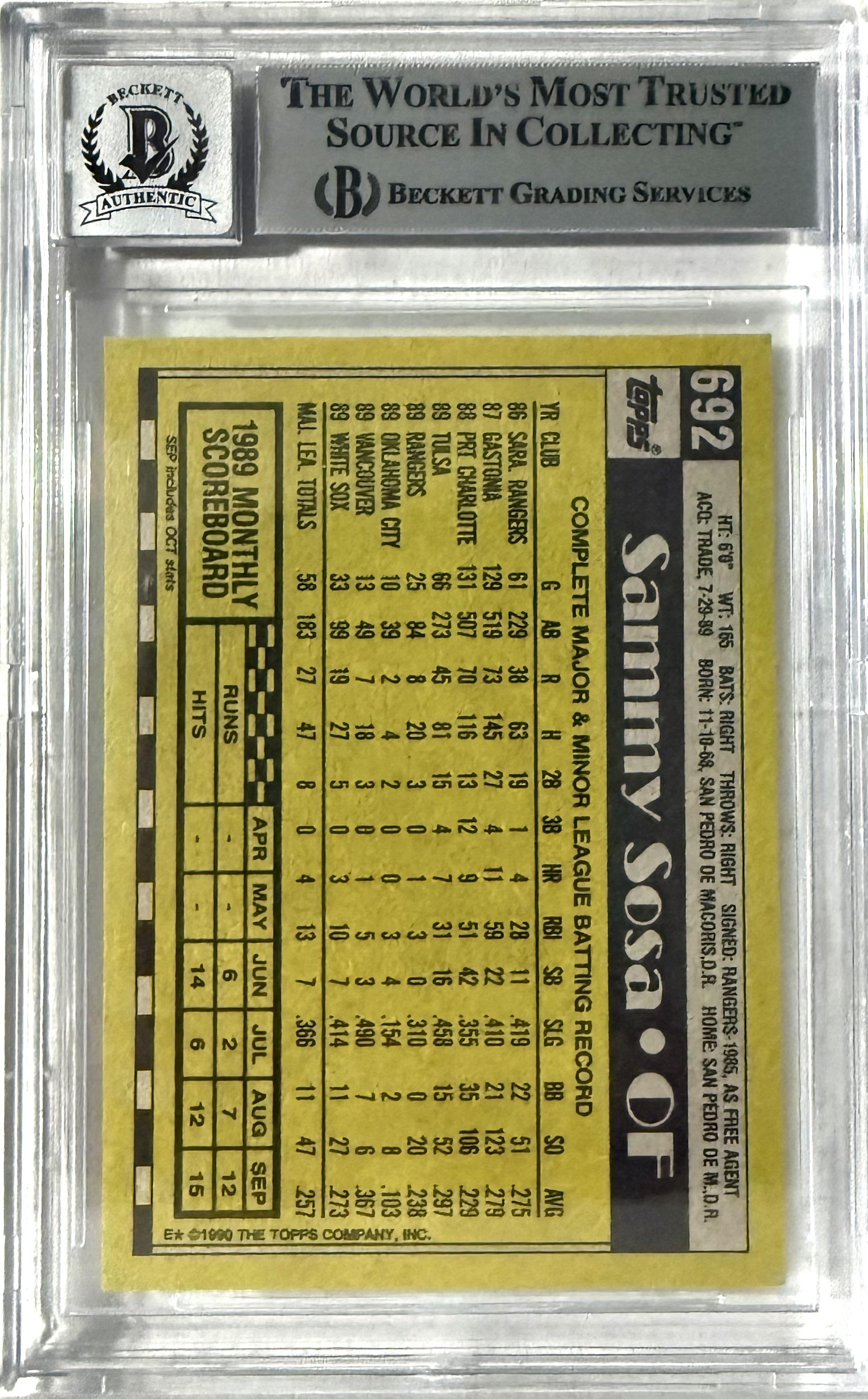 1990 Topps Sammy Sosa Chicago White Sox Topps #692 Rookie BGS 10 Auto