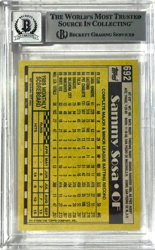 1990 Topps Sammy Sosa Chicago White Sox Topps #692 Rookie BGS 10 Auto