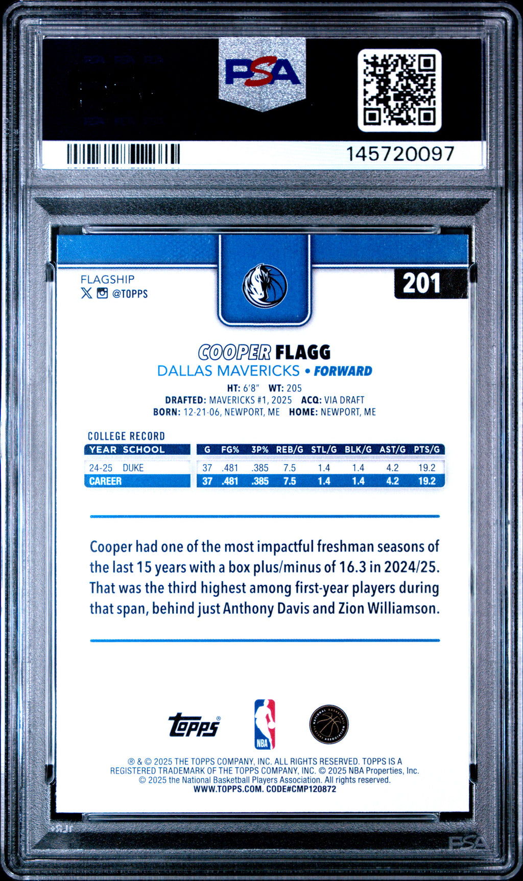 2025 Topps #201 Cooper Flagg PSA 10