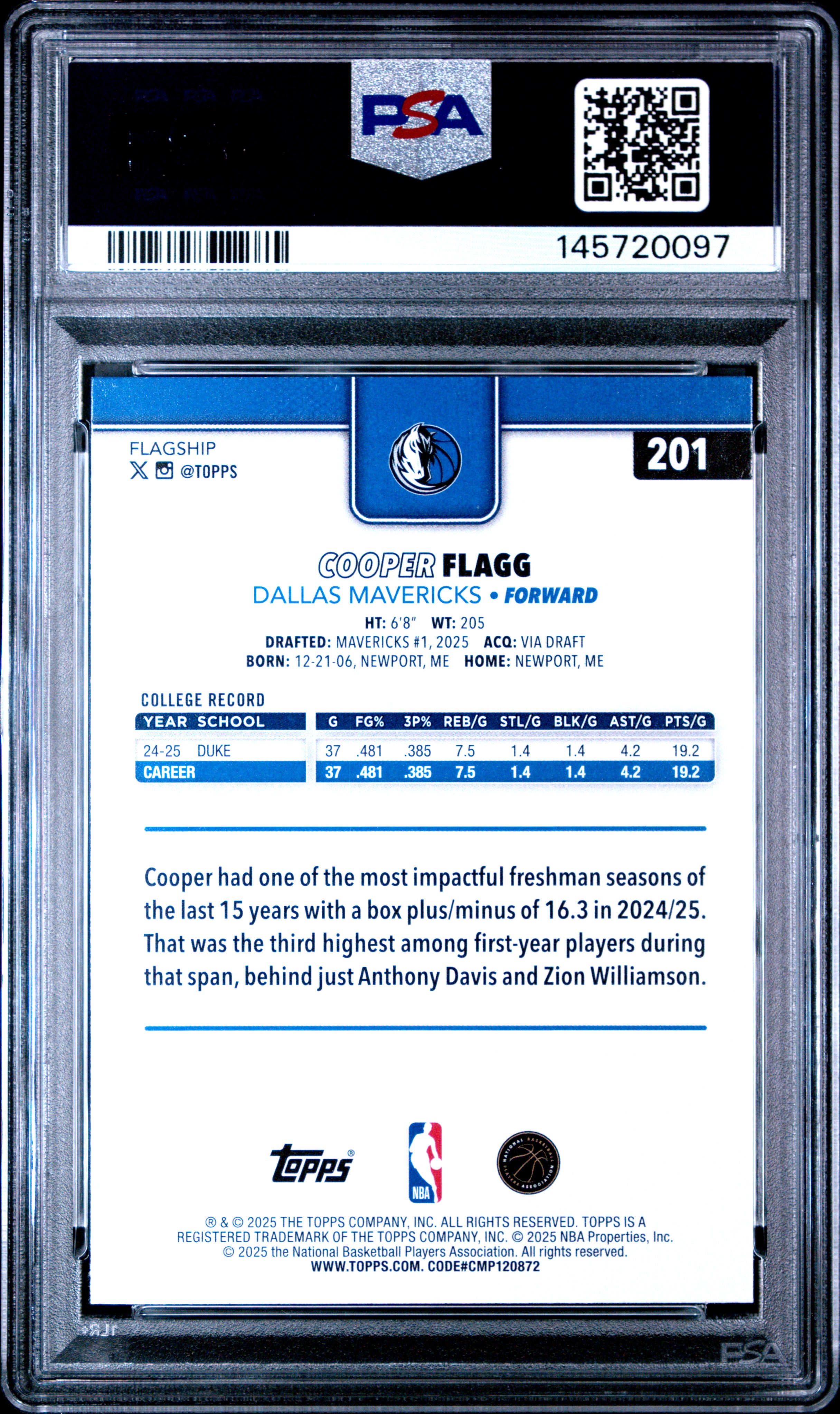 2025 Topps #201 Cooper Flagg PSA 10