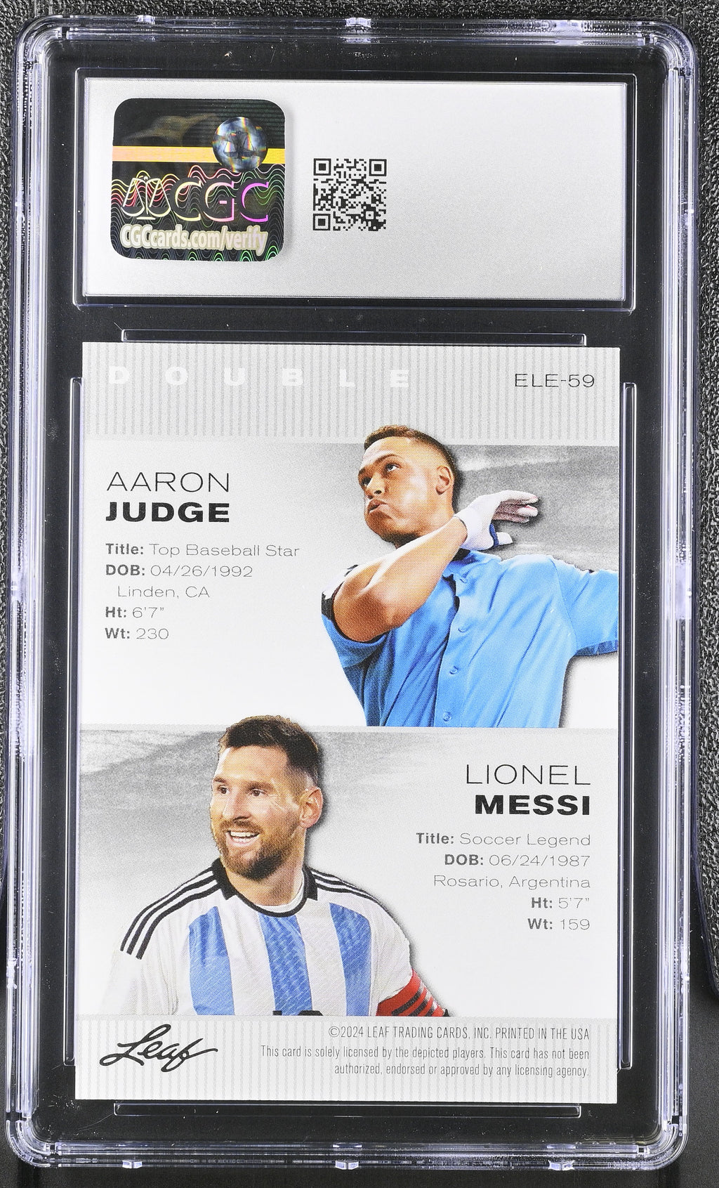 2024 Special Release Leaf #ELE-59 Aaron Judge/Lionel Messi CGC 10