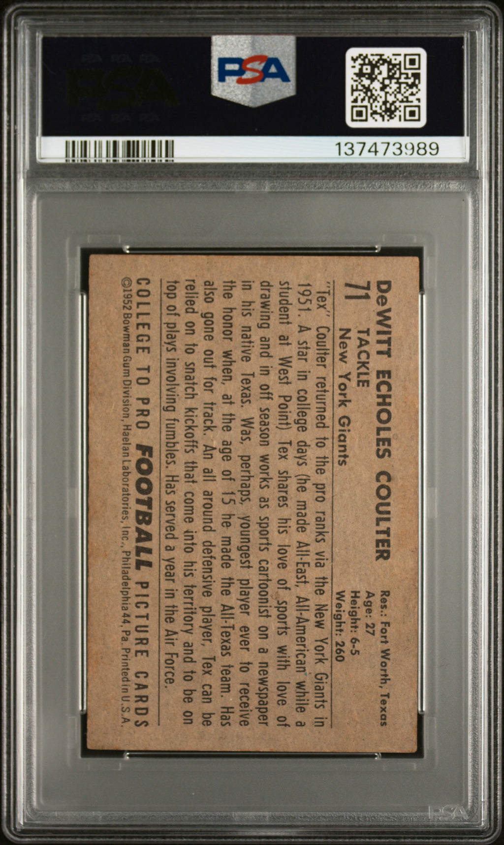 1952 Bowman Small #71 Tex Coulter PSA 4