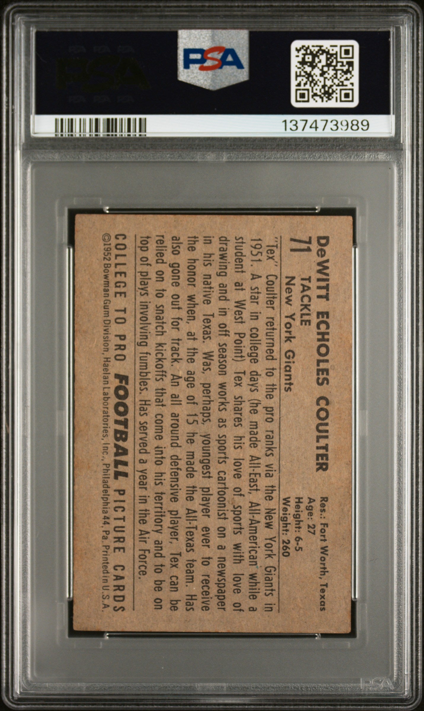 1952 Bowman Small #71 Tex Coulter PSA 4