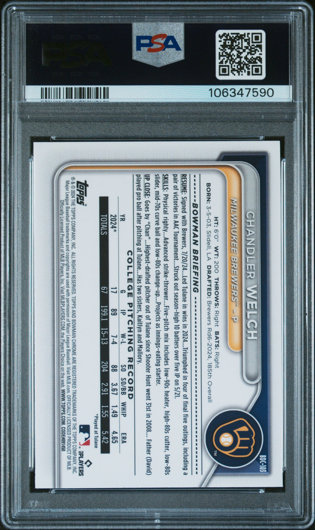 2024 Bowman Draft Sapphire Edition Topps #BDC103 Chandler Welch PSA 10
