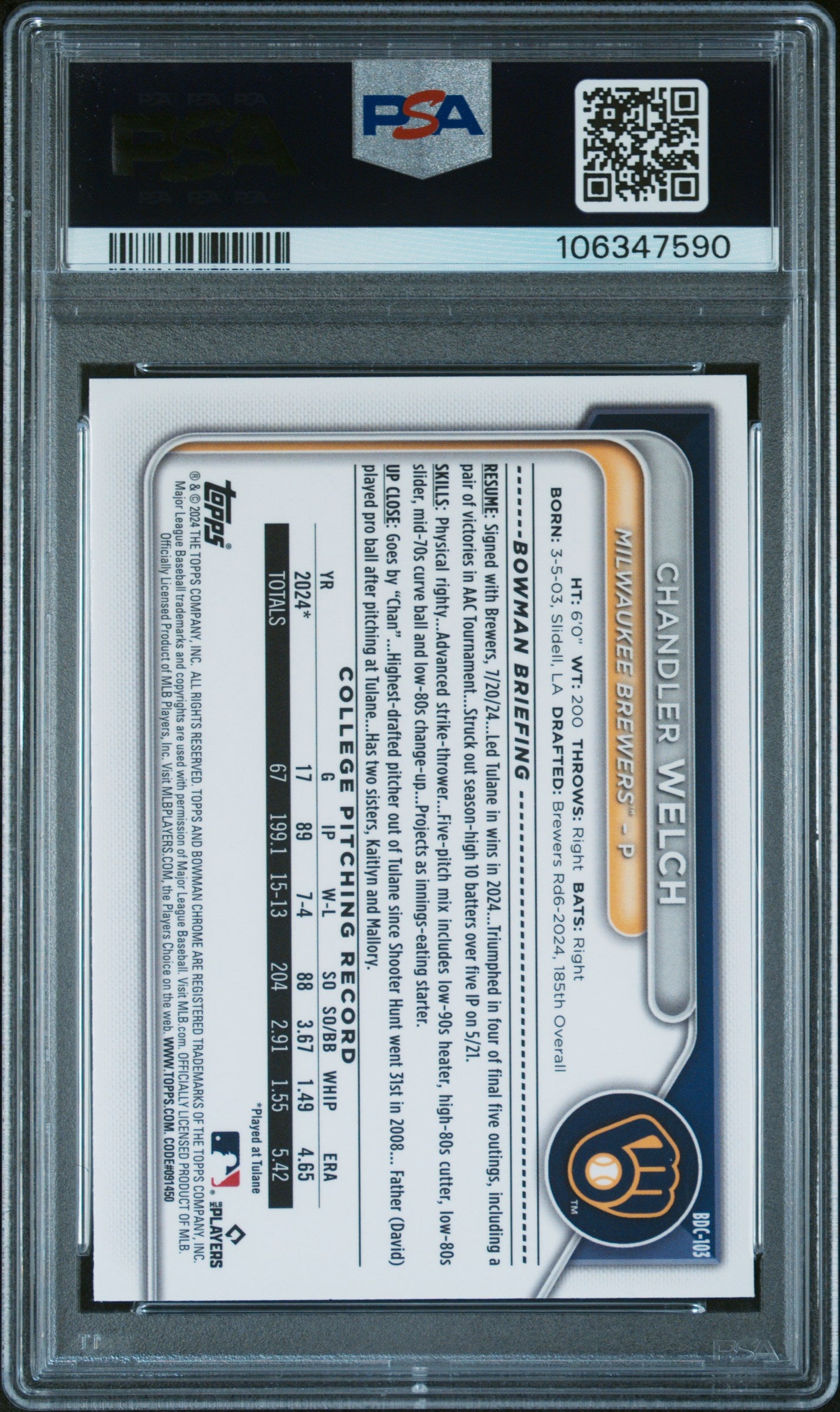 2024 Bowman Draft Sapphire Edition Topps #BDC103 Chandler Welch PSA 10