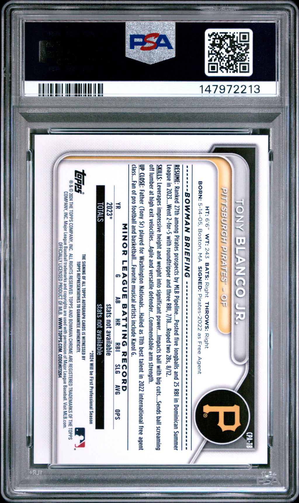 2024 Bowman Chrome Prospect Autographs Topps #CPATB Tony Blanco Jr. PSA 10