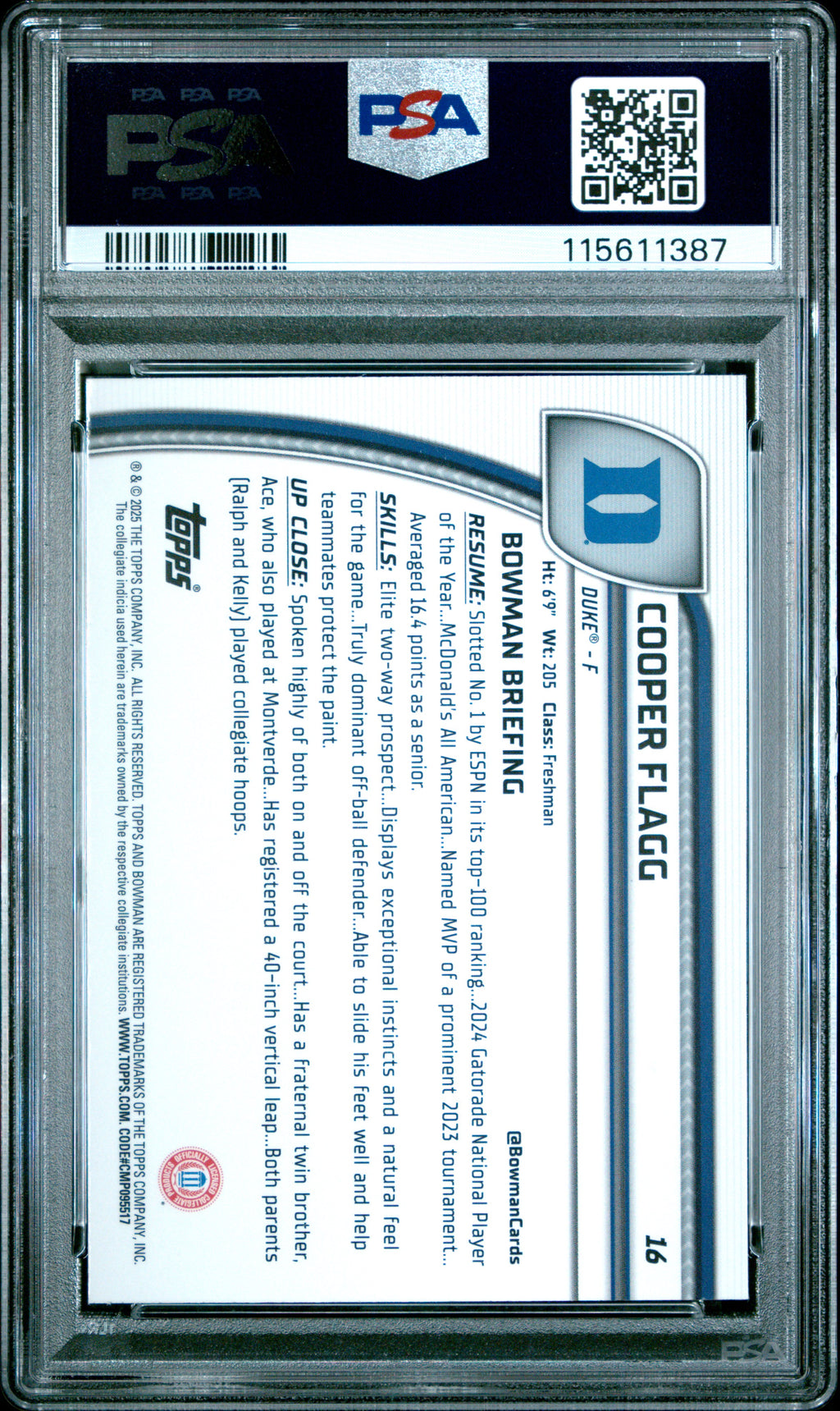 2024 Bowman Chrome University Topps #16 Cooper Flagg PSA 10