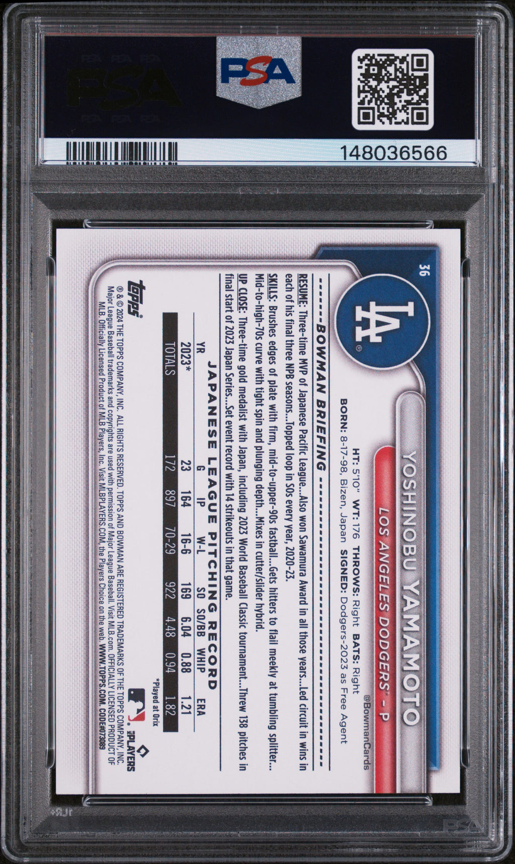 2024 Bowman #36 Yoshinobu Yamamoto PSA 10