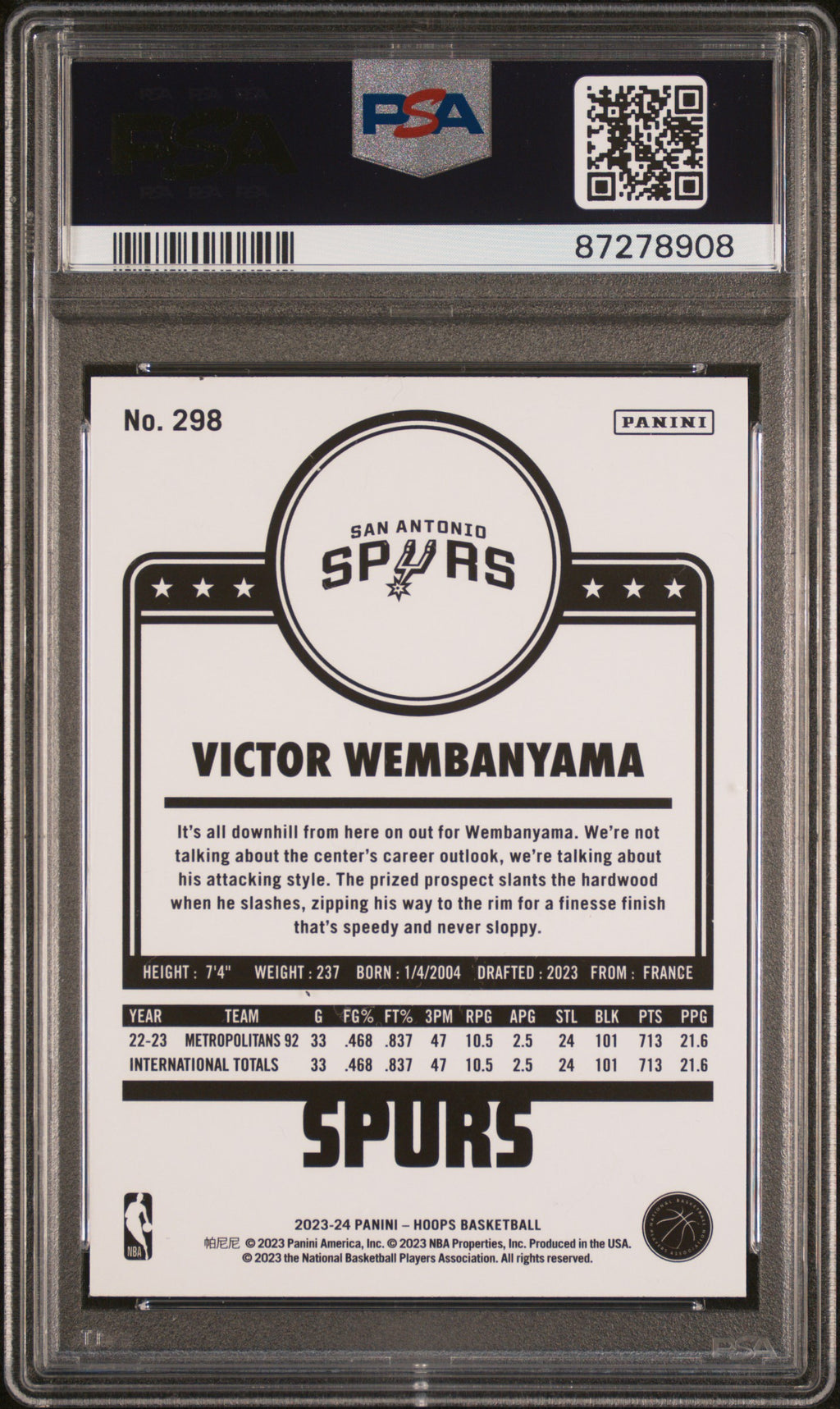 2023 Panini NBA Hoops #298 Victor Wembanyama PSA 10