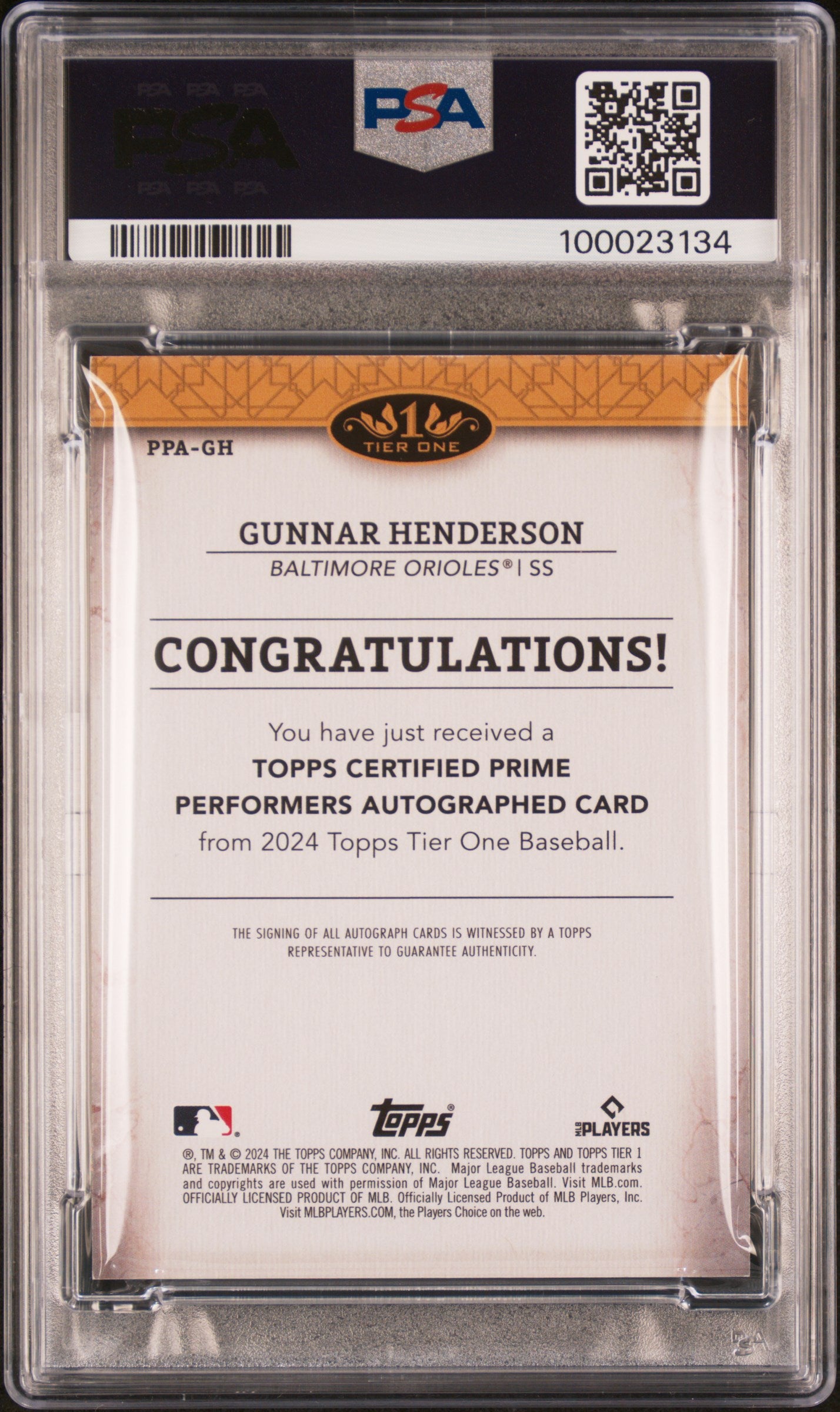 2024 Topps Tier One Prime Performers Autographs #PPAGH Gunnar Henderson PSA 8