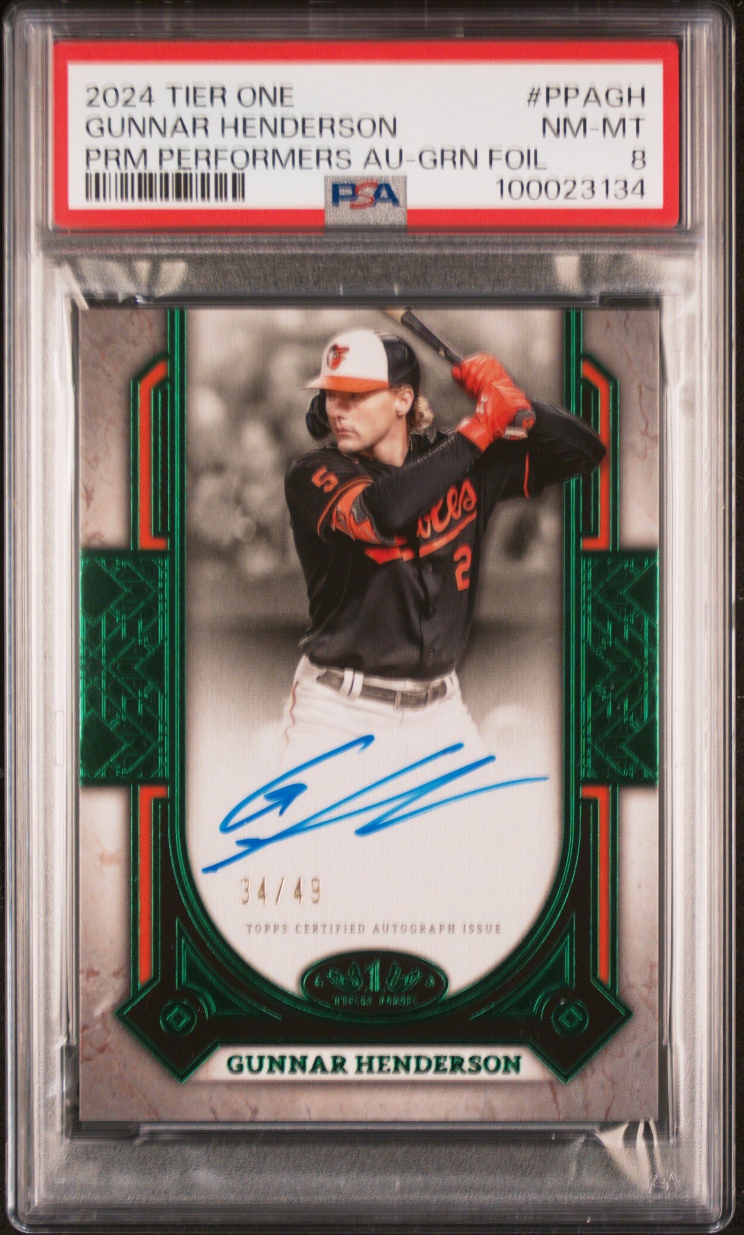 2024 Topps Tier One Prime Performers Autographs #PPAGH Gunnar Henderson PSA 8