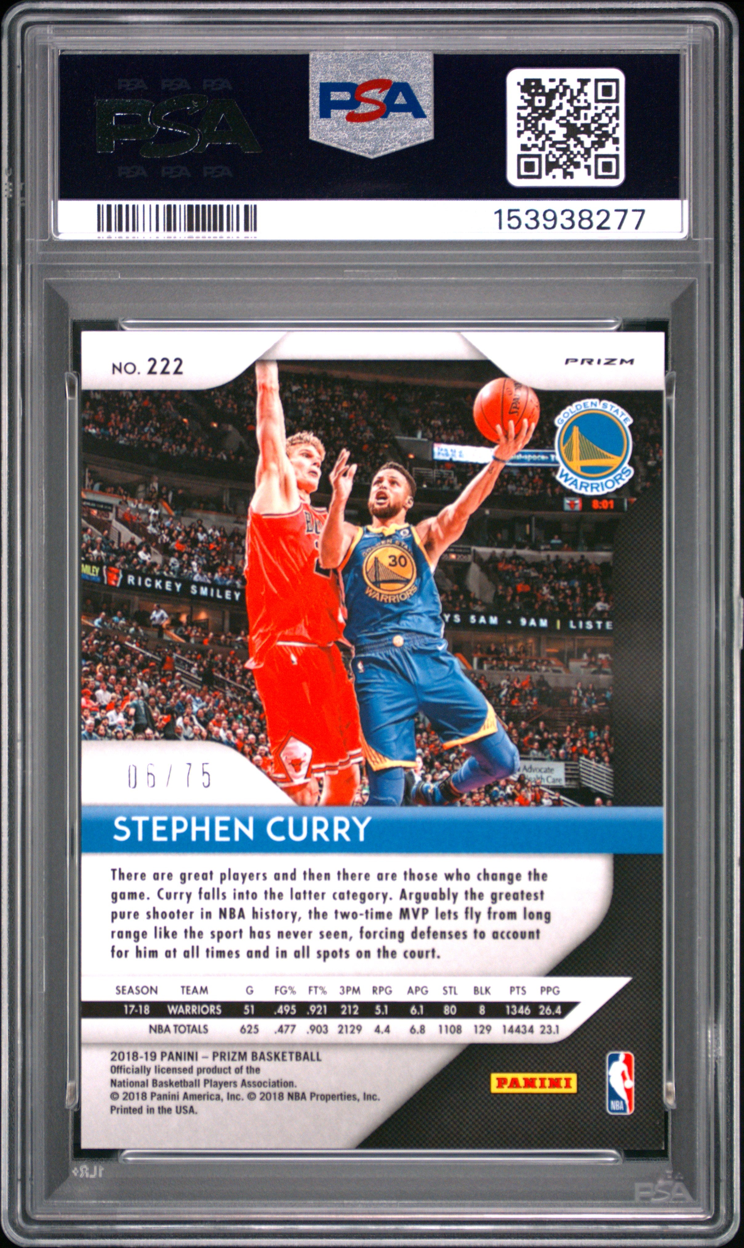 2018 Panini Prizm #222 Stephen Curry Fast Break Prizm-Purple PSA 9 #/75