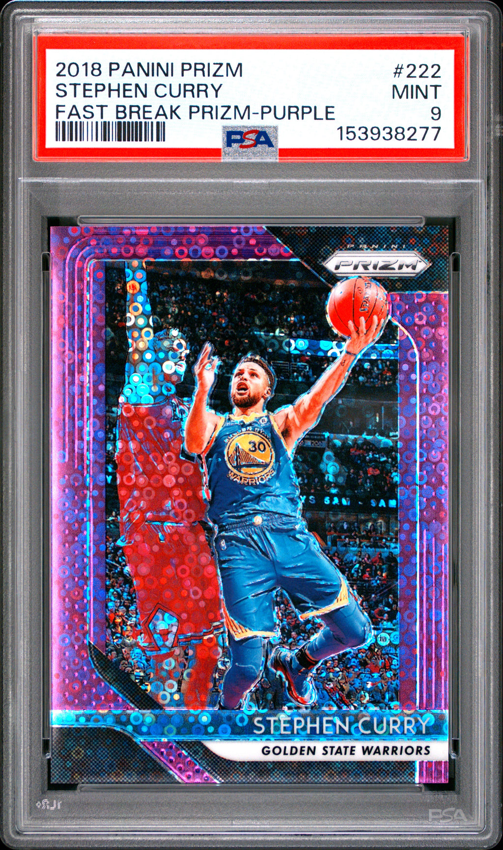 2018 Panini Prizm #222 Stephen Curry Fast Break Prizm-Purple PSA 9 #/75