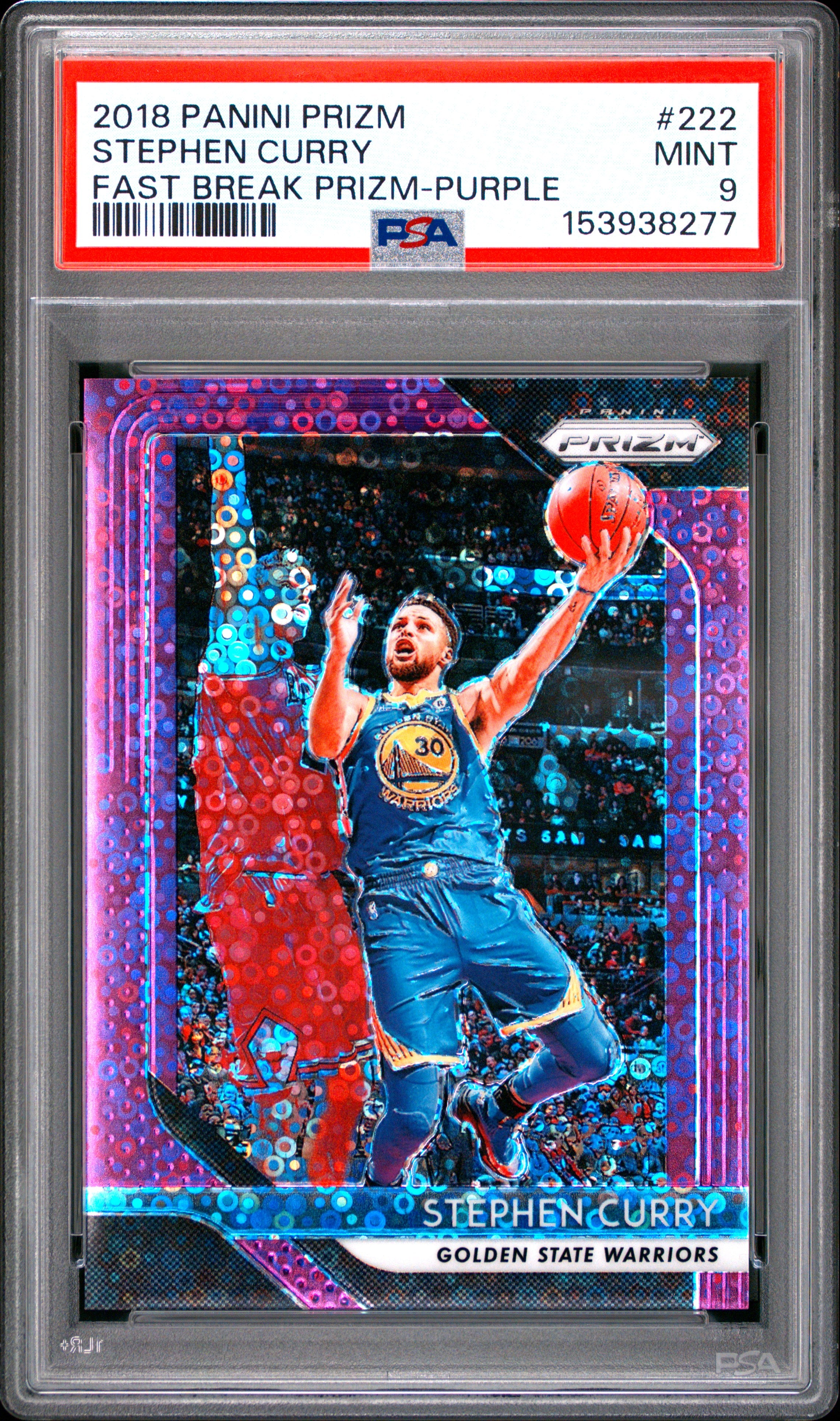 2018 Panini Prizm #222 Stephen Curry Fast Break Prizm-Purple PSA 9 #/75