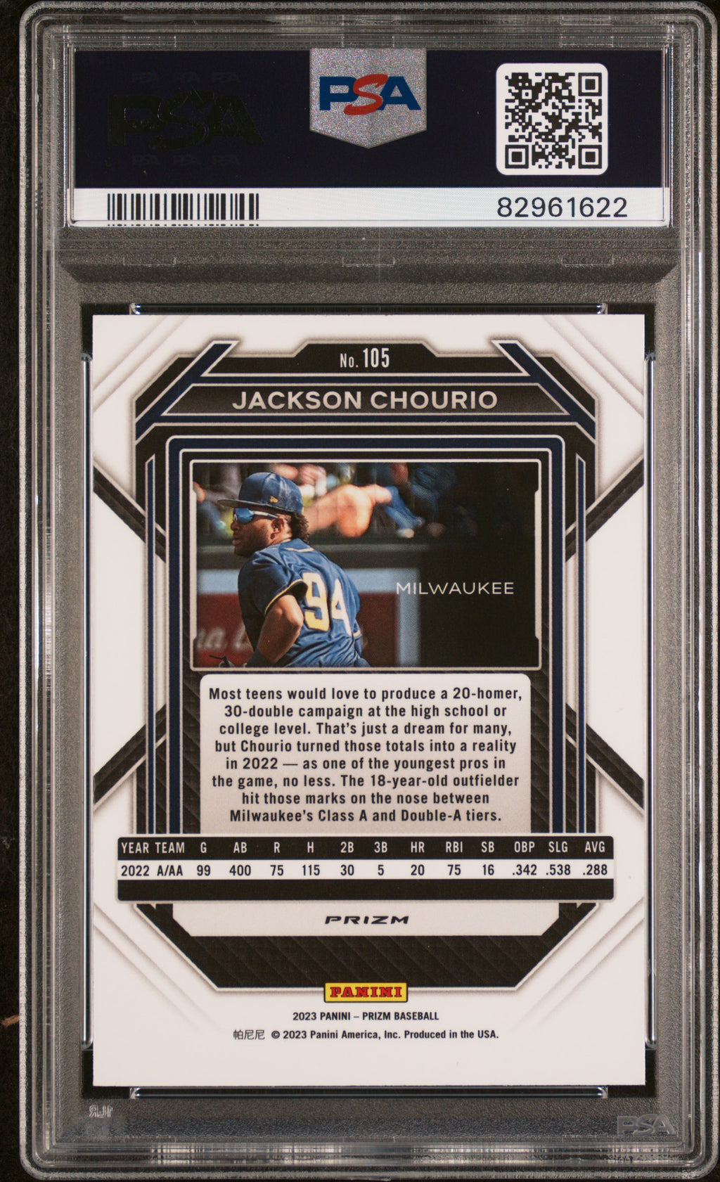 2023 Panini Prizm #105 Jackson Chourio Green Ice PSA 10