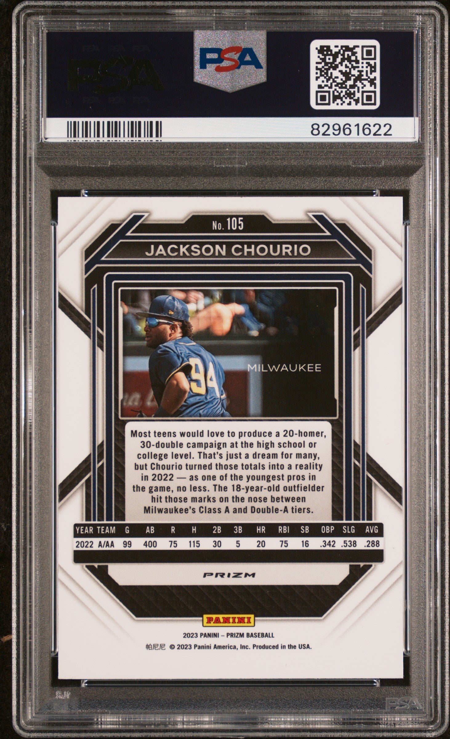 2023 Panini Prizm #105 Jackson Chourio Green Ice PSA 10