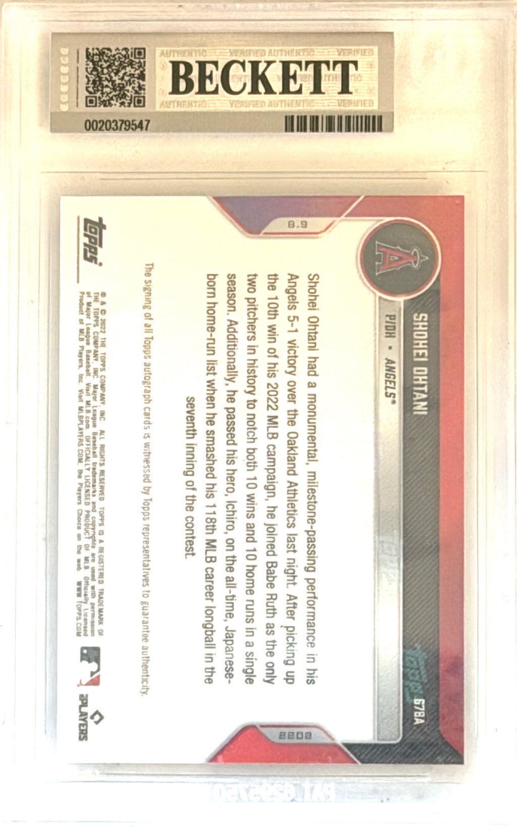 2022 Topps Now Shohei Ohtani #678A BGS Auto 10 96/99 - Low Pop New from Beckett
