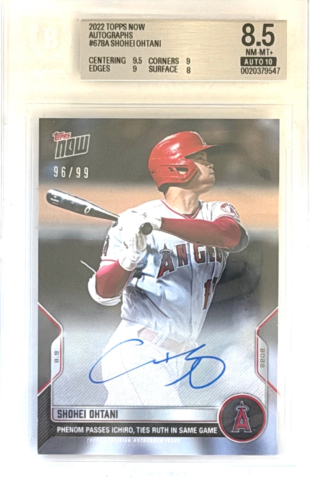 2022 Topps Now Shohei Ohtani #678A BGS Auto 10 96/99 - Low Pop New from Beckett