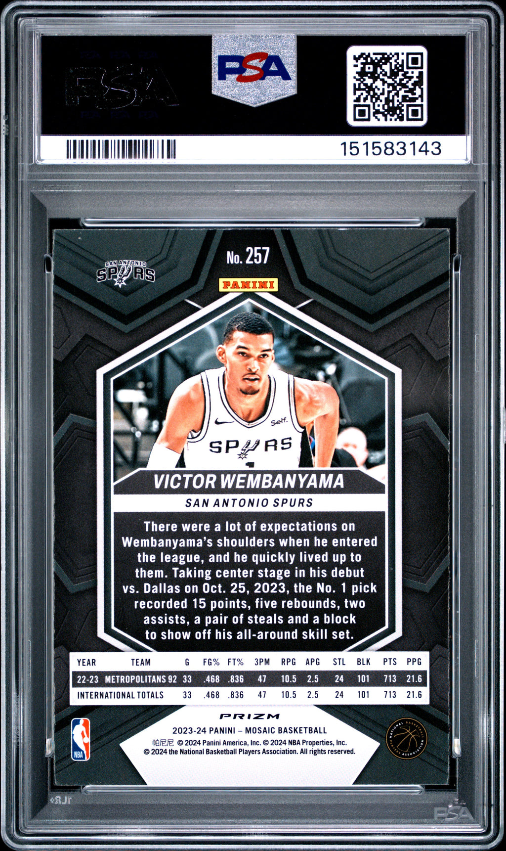 2023 Panini Mosaic #257 Victor Wembanyama PSA 8