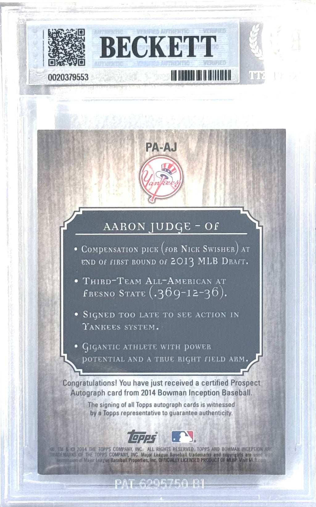 2014 Bowman Inception #PA-AJ Aaron Judge BGS Auto 10 (Fresh back from Beckett)