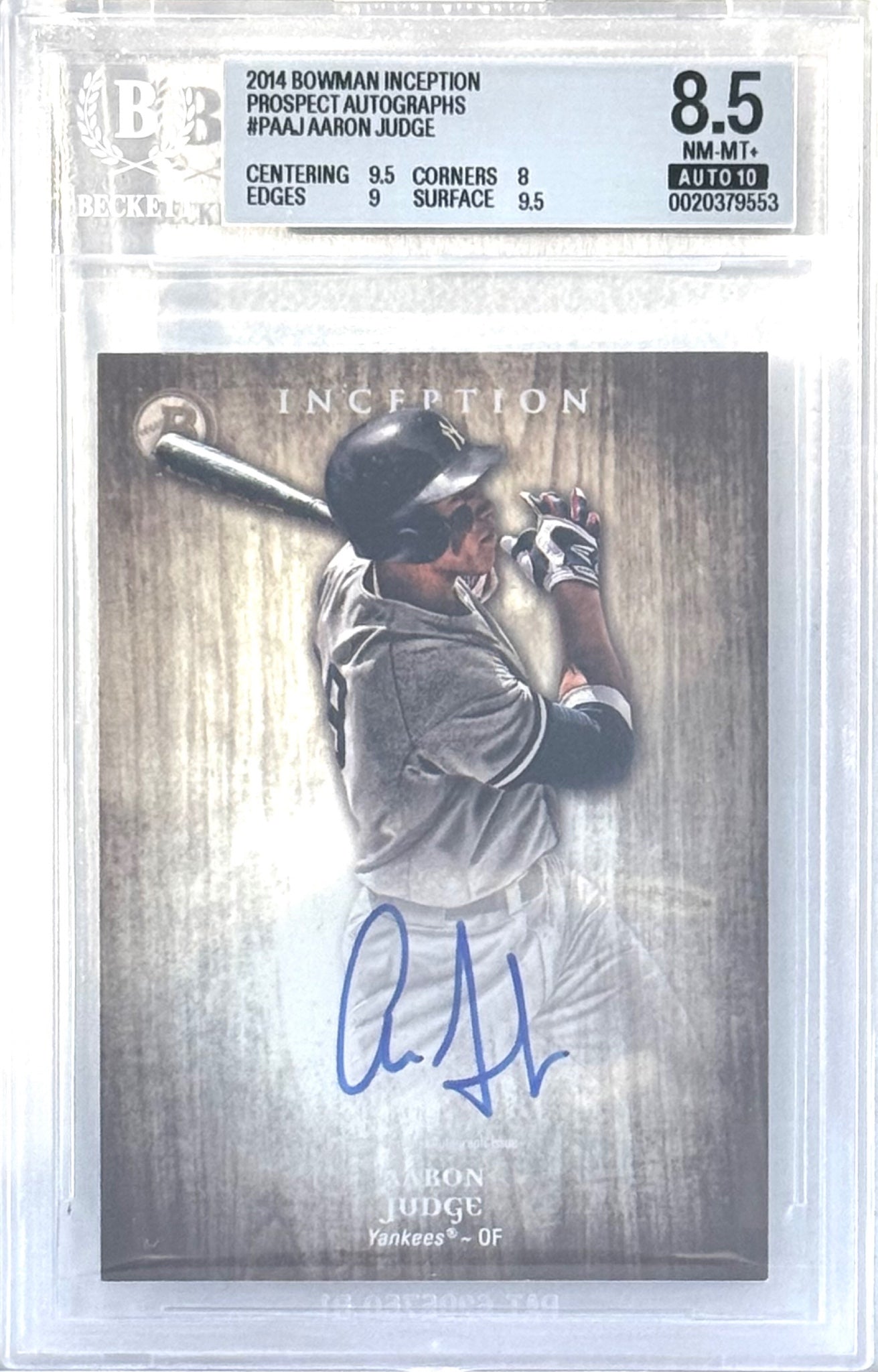 2014 Bowman Inception #PA-AJ Aaron Judge BGS Auto 10 (Fresh back from Beckett)