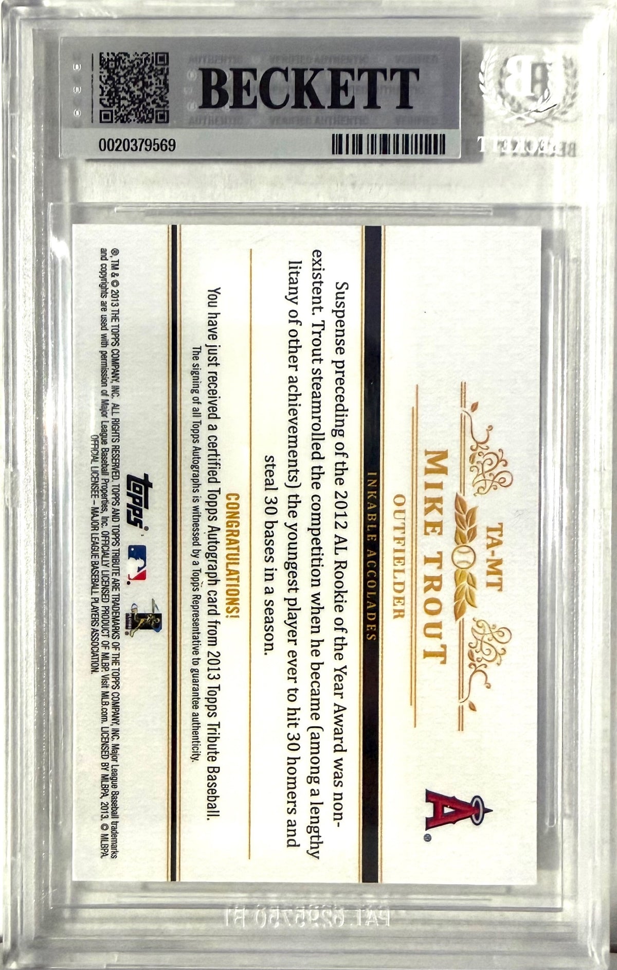 2013 Topps Tribute #T4-MT Mike Trout BGS 9/10 MINT 19/25 POP 4