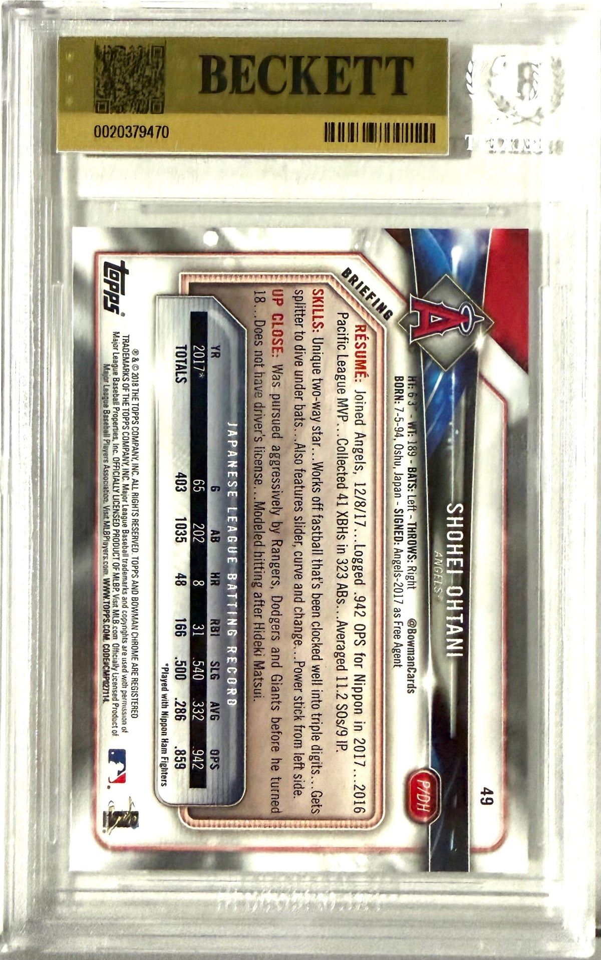 2018 Bowman #49 Shohei Ohtani BGS 9.5