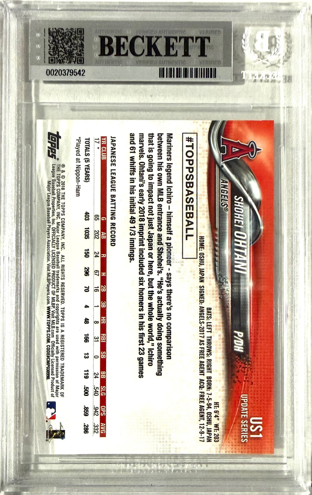 2018 Topps Update #US1 Shohei Ohtani BGS 9