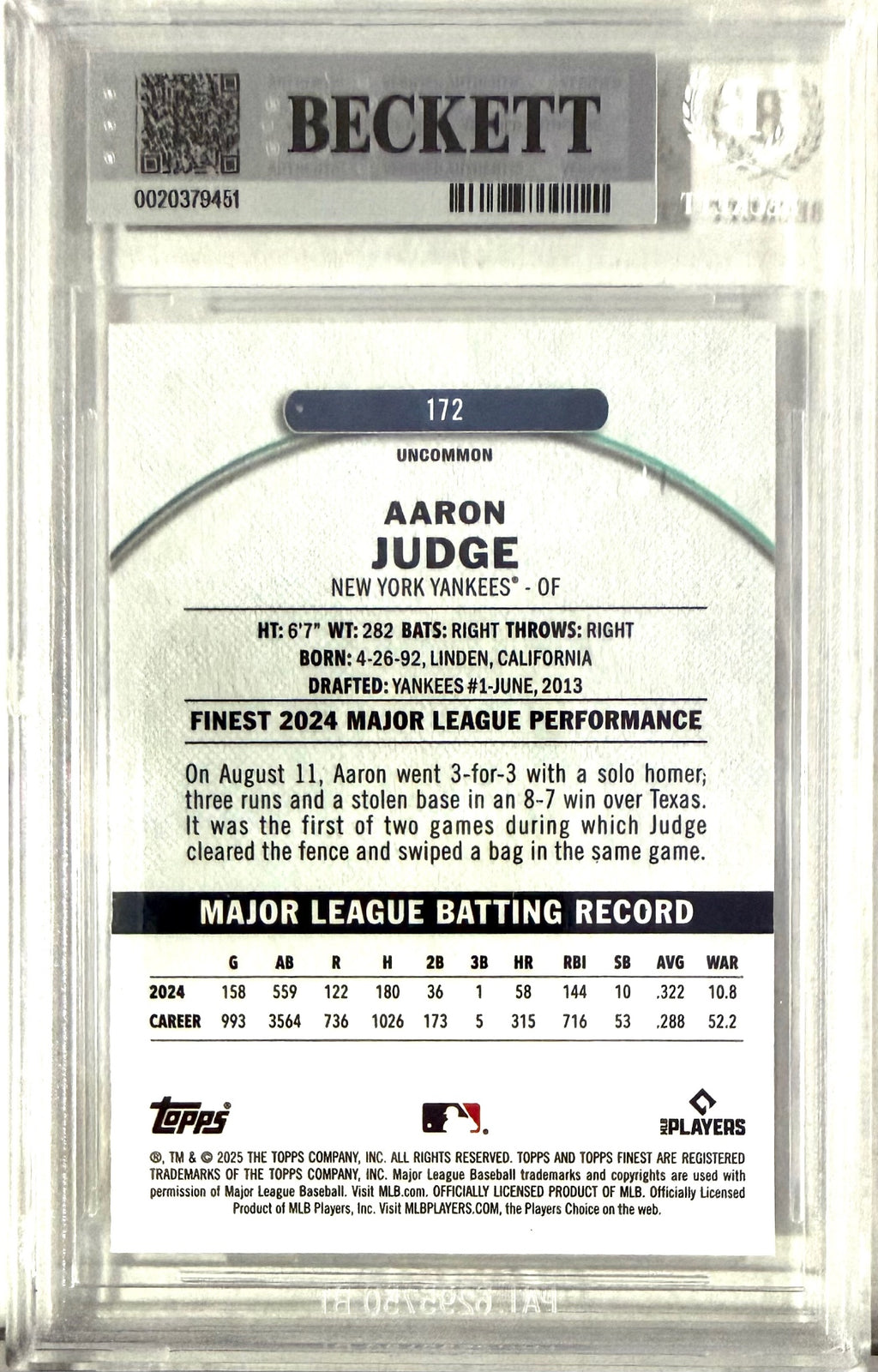 2025 Finest #172 Aaron Judge Magenta Refractors BGS 9 #/300