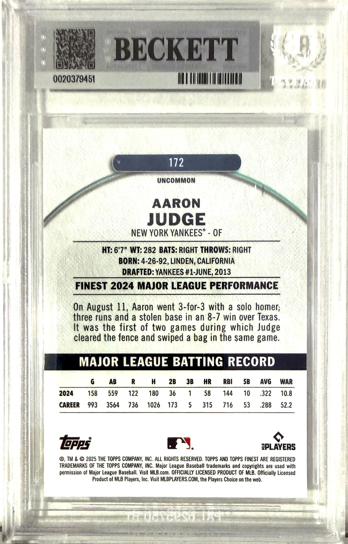 2025 Finest #172 Aaron Judge Magenta Refractors BGS 9 #/300