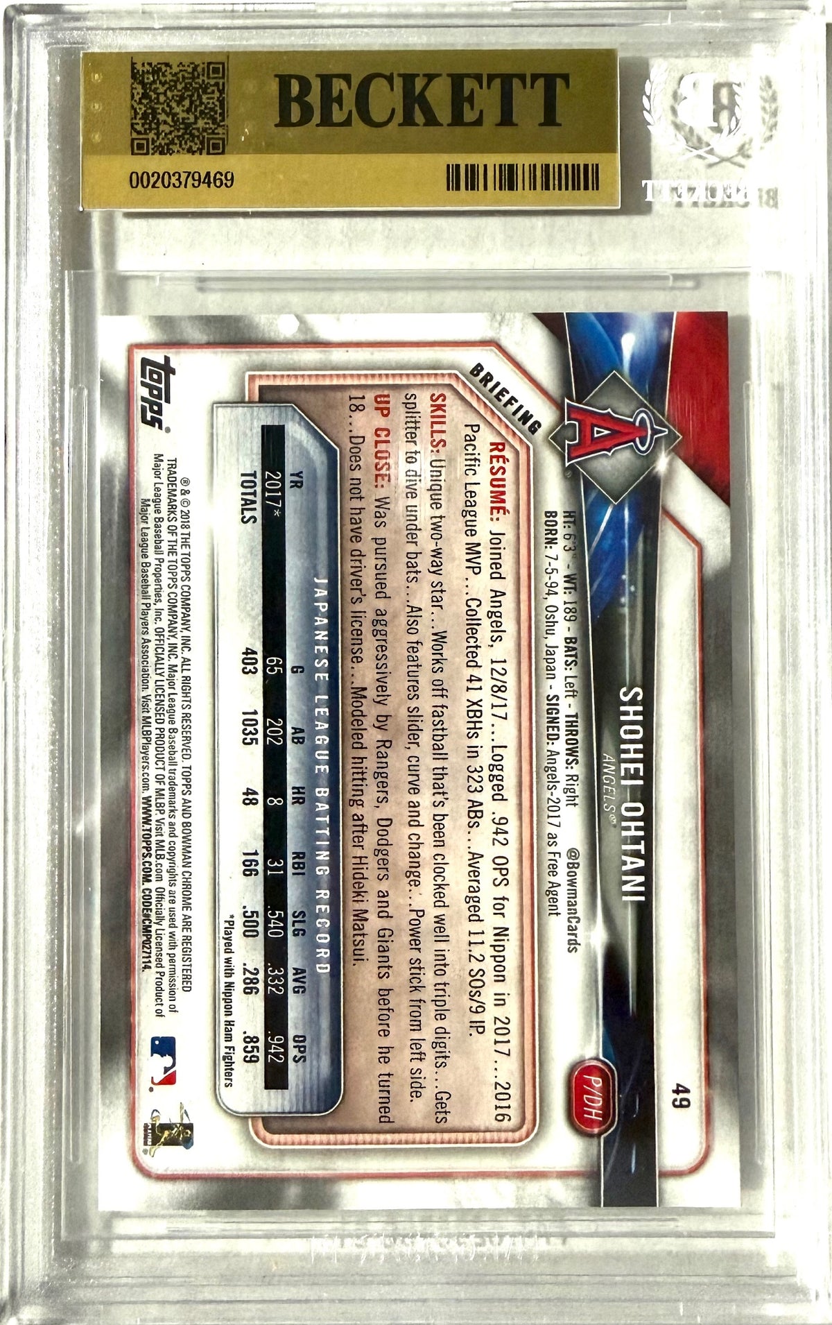 2018 Bowman #49 Shohei Ohtani BGS 9.5