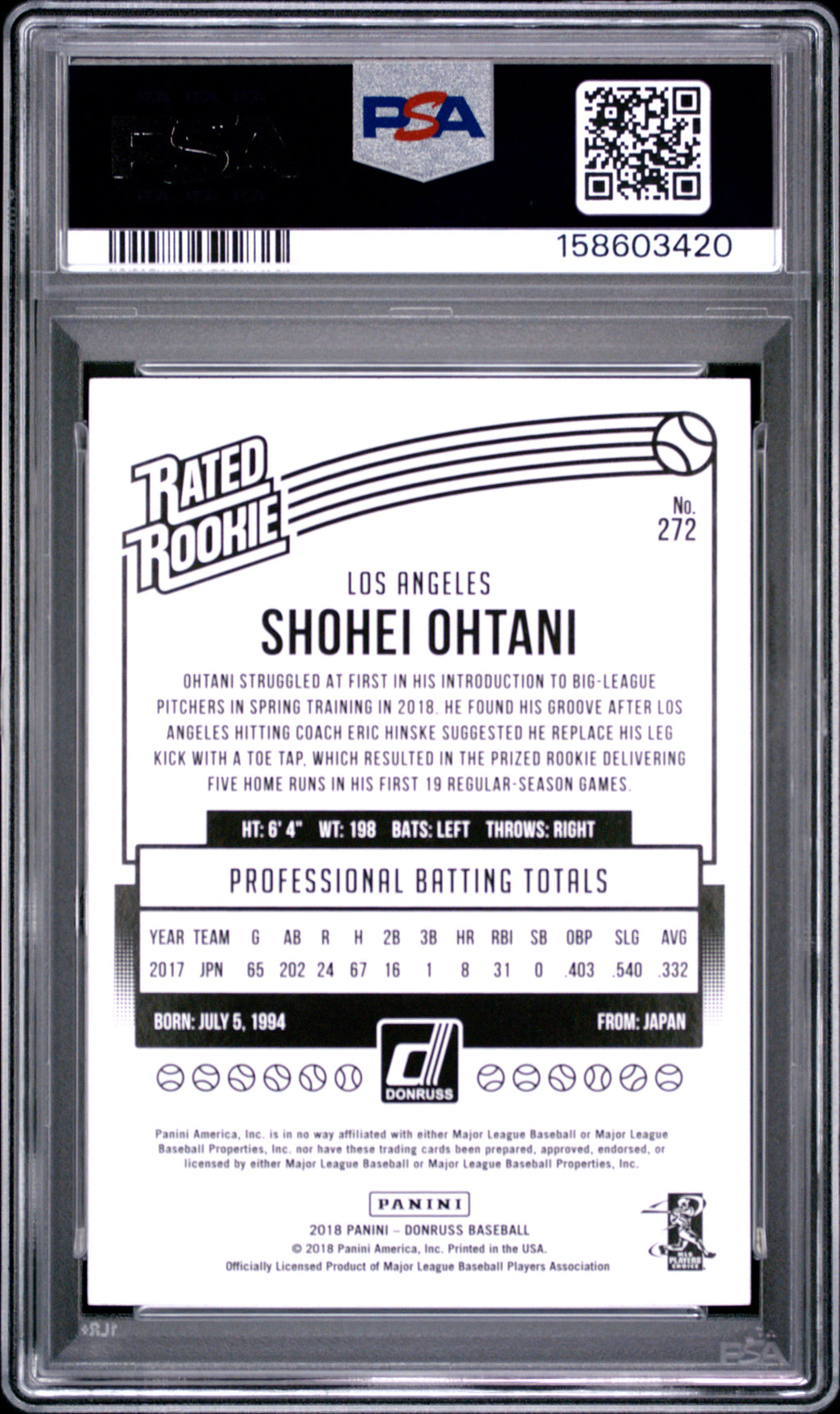 2018 Panini Chronicles Donruss Rated Rookies #272 Shohei Ohtani PSA 9