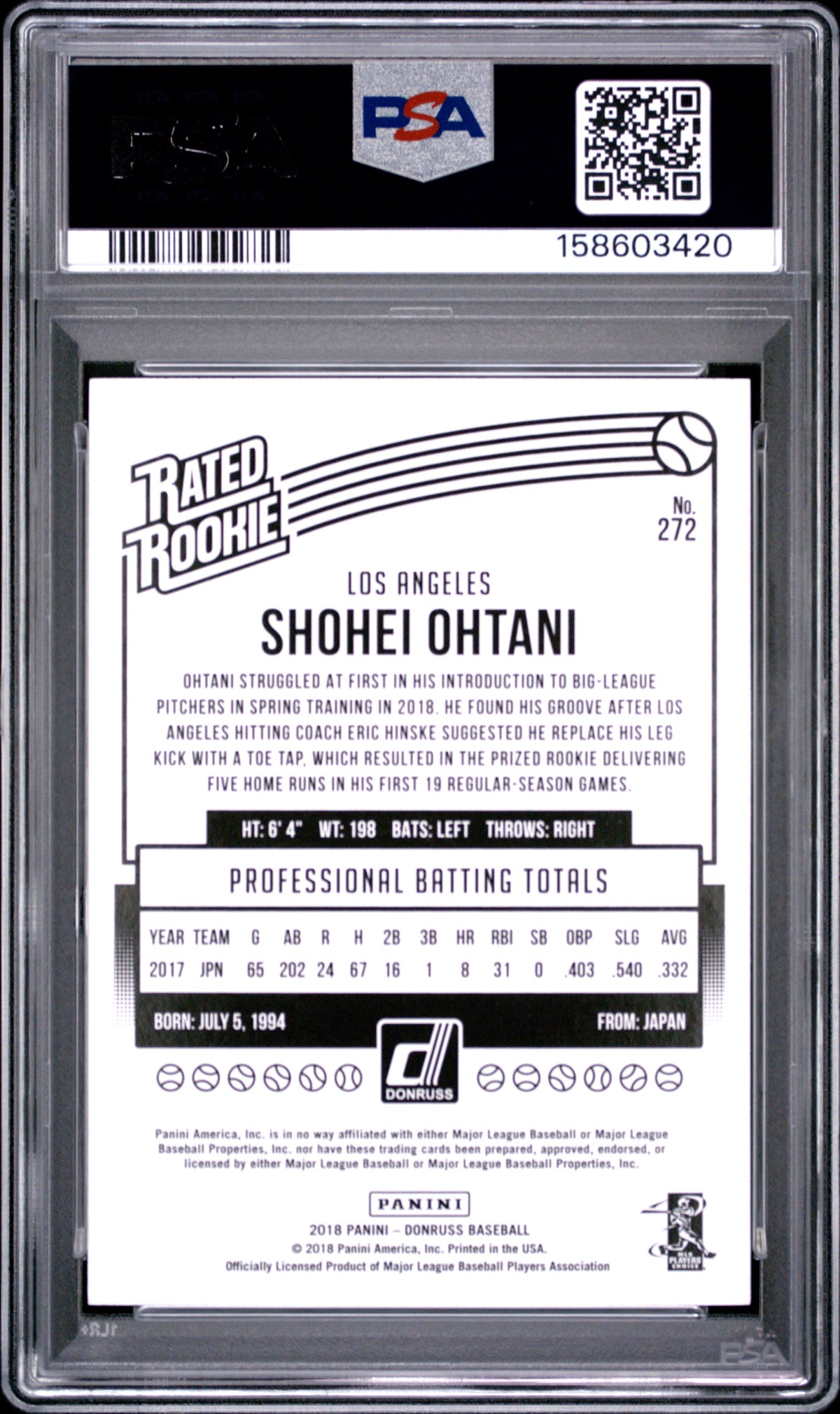 2018 Panini Chronicles Donruss Rated Rookies #272 Shohei Ohtani PSA 9