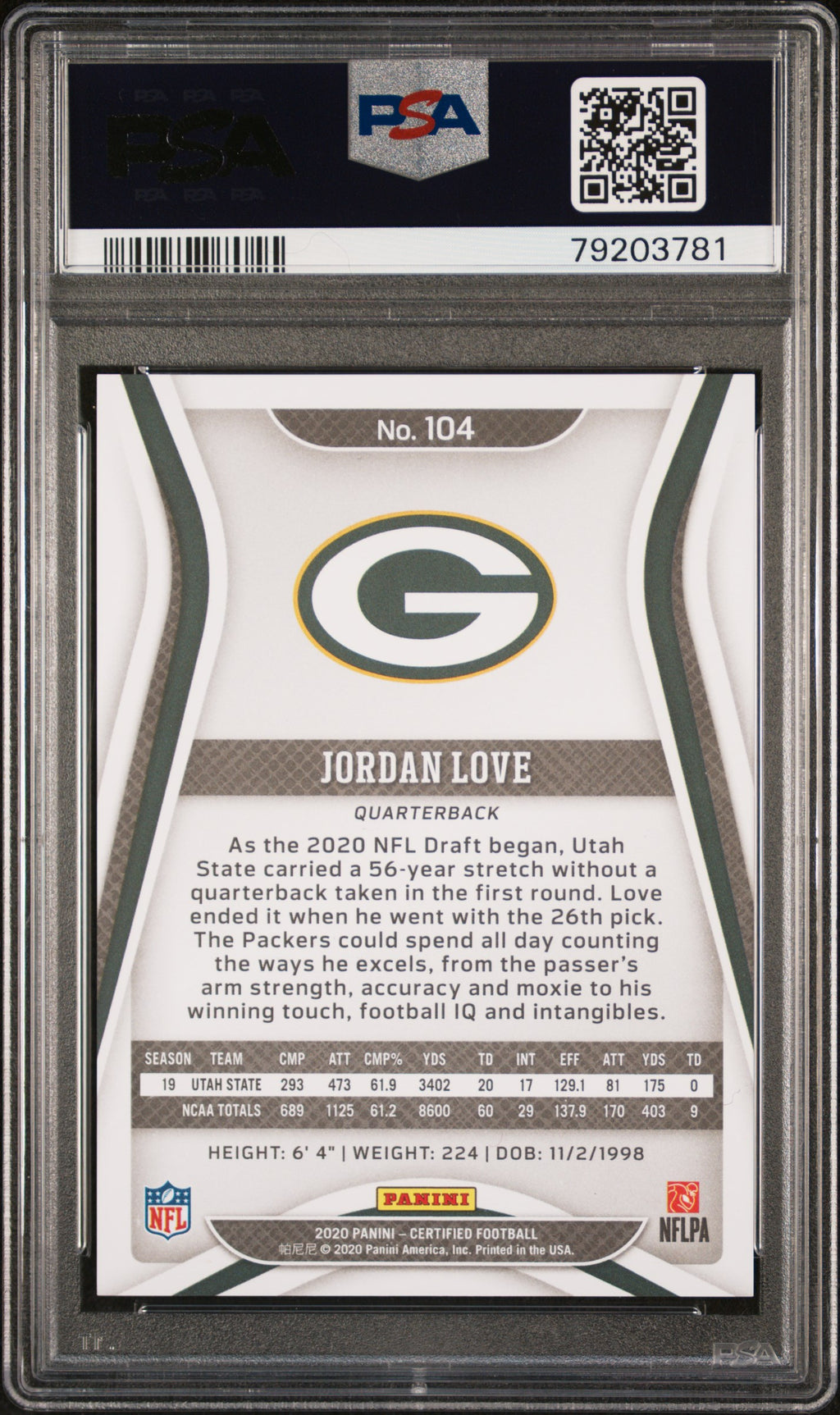 2020 Panini Certified Panini #104 Jordan Love PSA 9