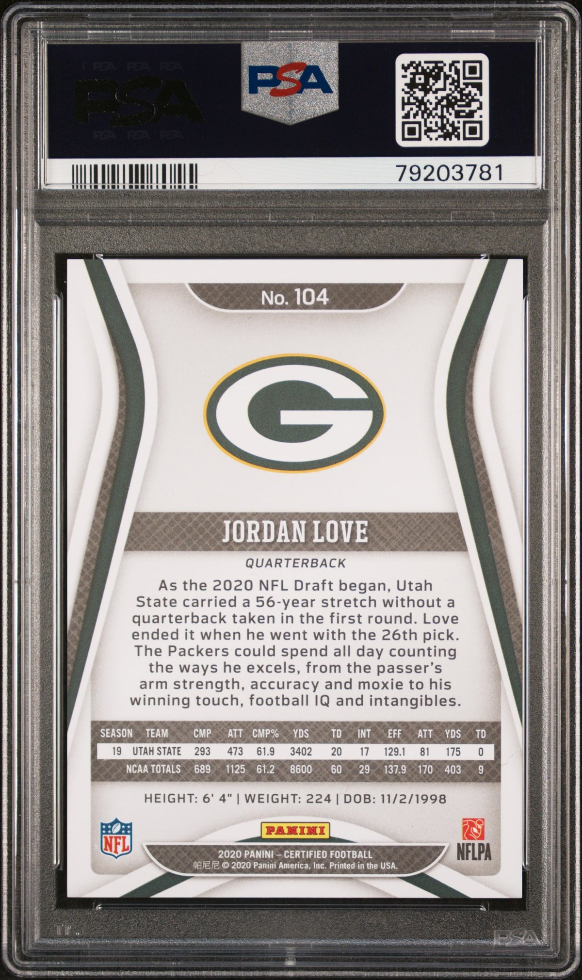 2020 Panini Certified Panini #104 Jordan Love PSA 9