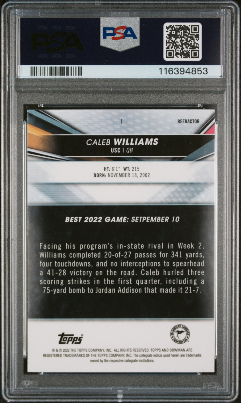 2022 Bowman'S Best University #1 Caleb Williams PSA 10