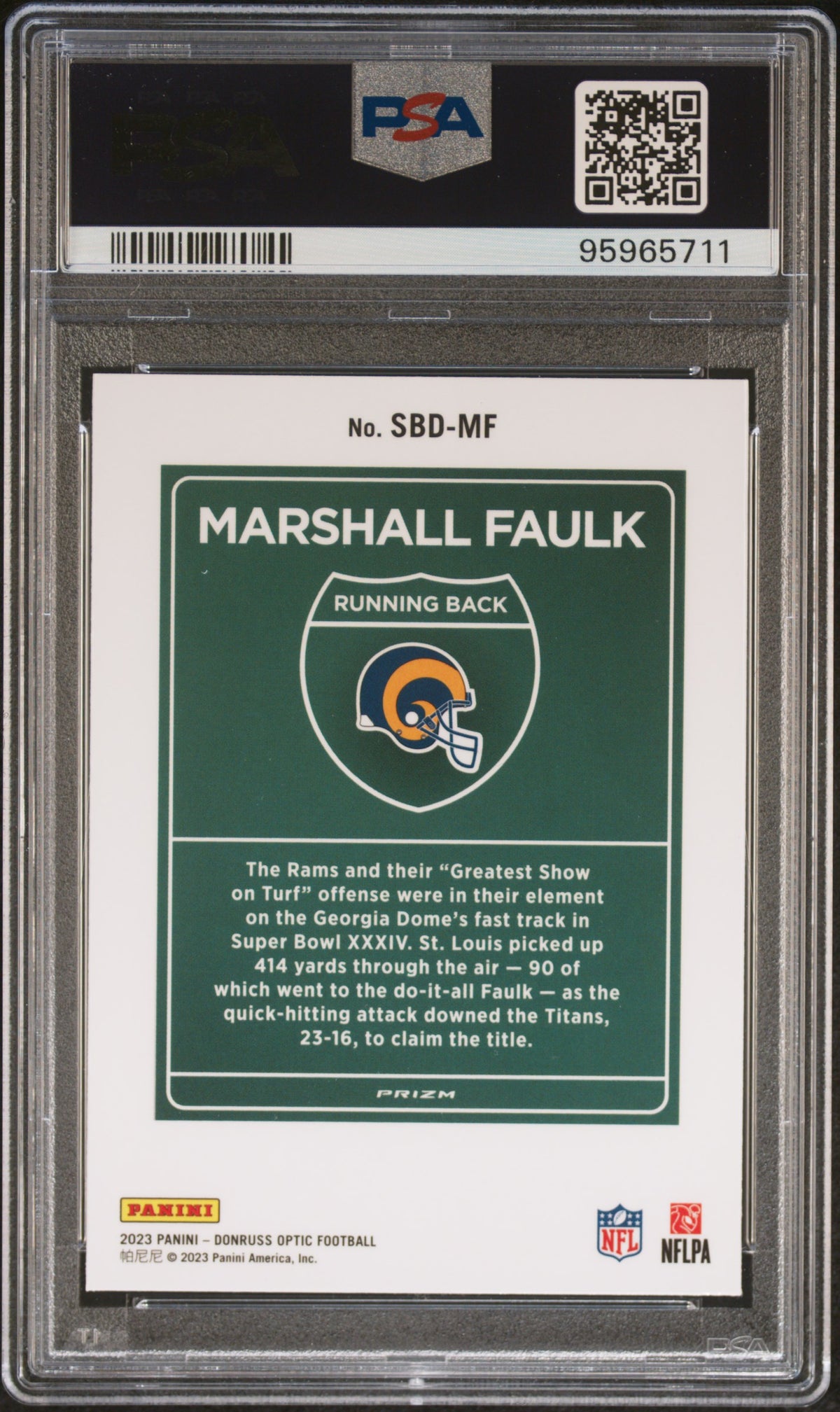 2023 Panini Donruss Optic Super Bowl Downtown #SBDMF Marshall Faulk PSA 10