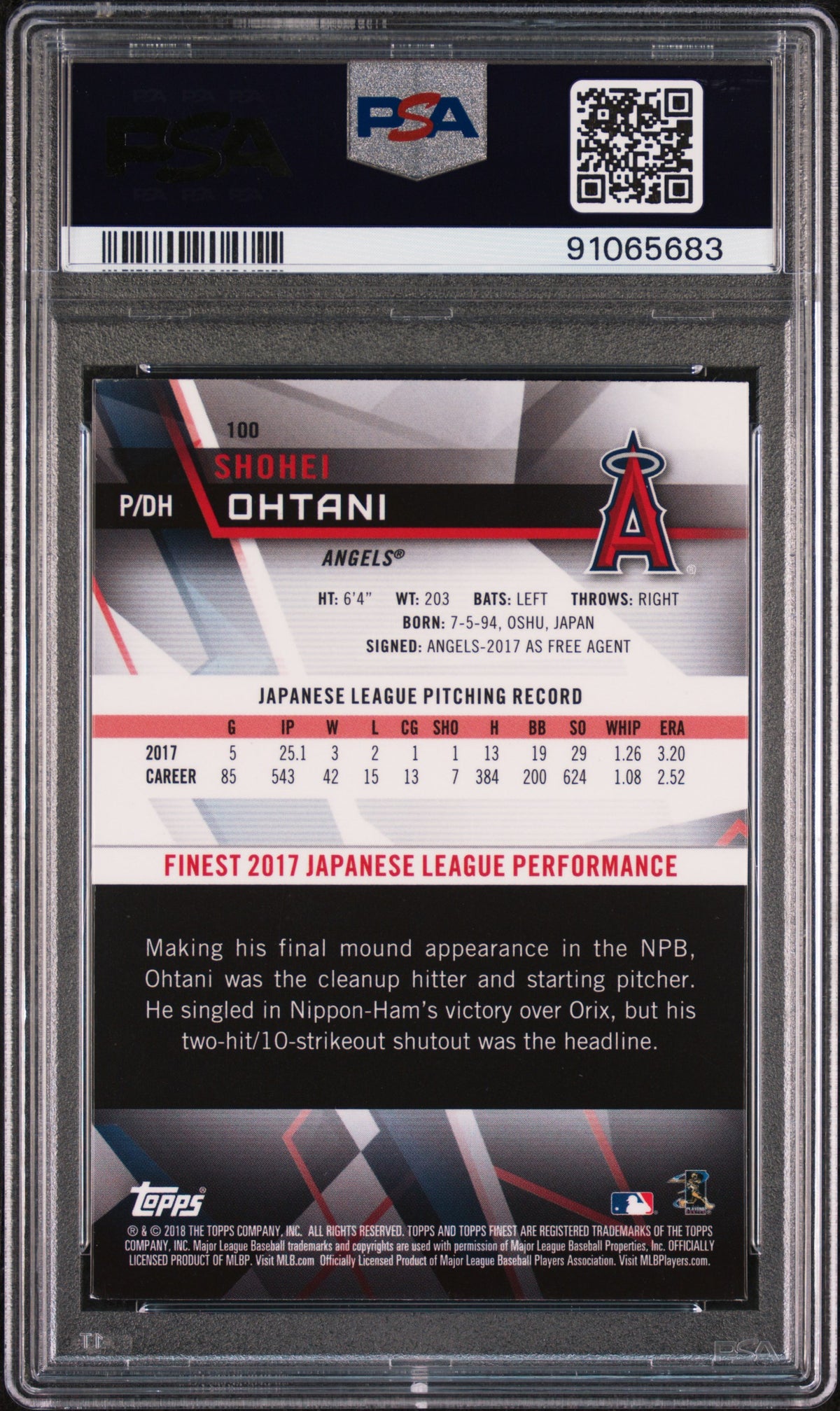 2018 Finest #100 Shohei Ohtani PSA 9