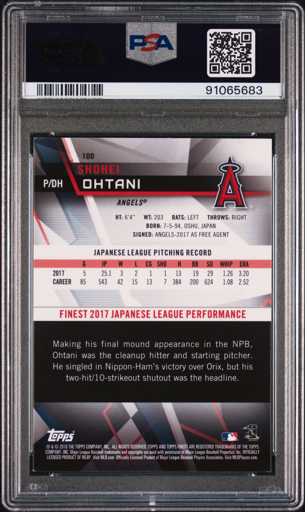 2018 Finest #100 Shohei Ohtani PSA 9
