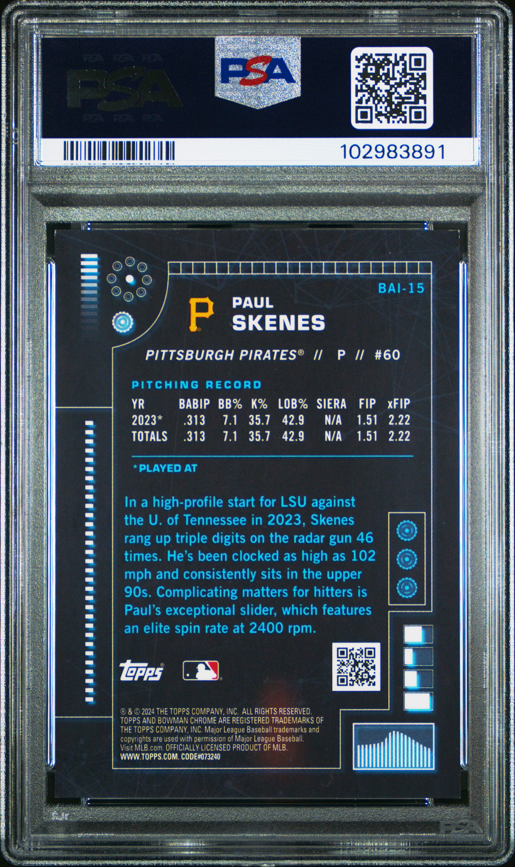 2024 Bowman Ai #BAI15 Paul Skenes Ai-Mini Diamond PSA 9