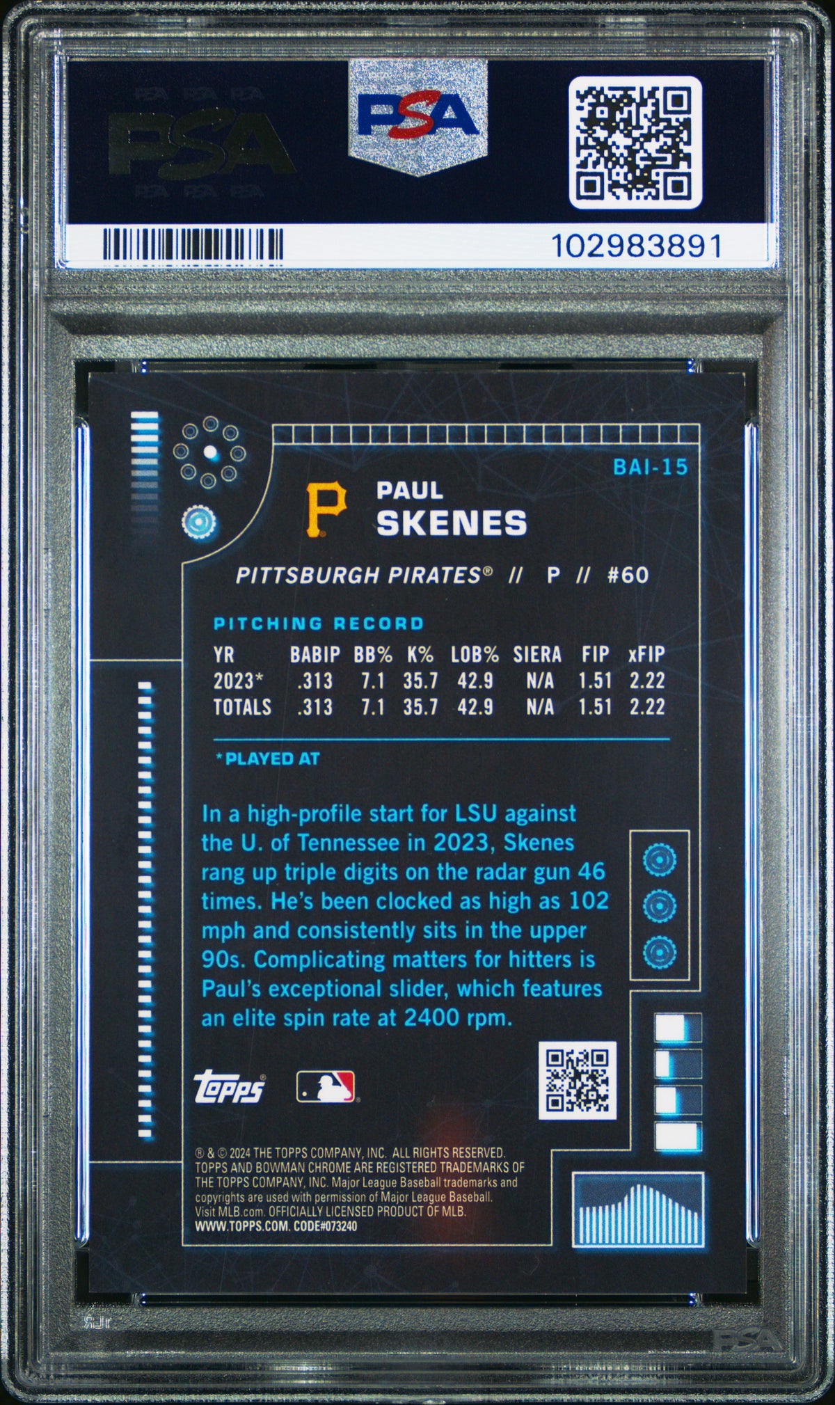 2024 Bowman Ai #BAI15 Paul Skenes Ai-Mini Diamond PSA 9