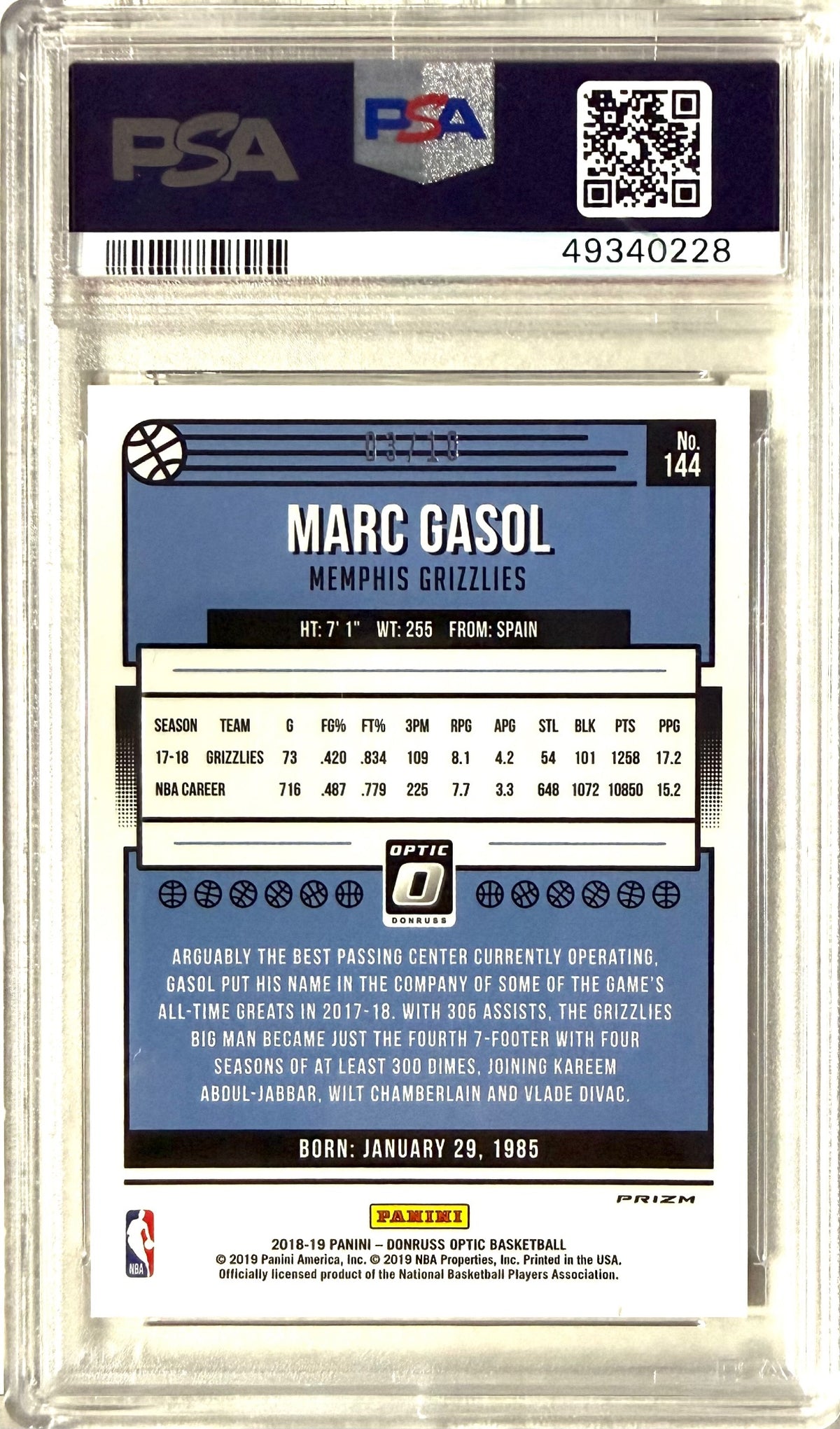 ##144 Marc Gasol Optic gold PSA 9 3/10 POP 3
