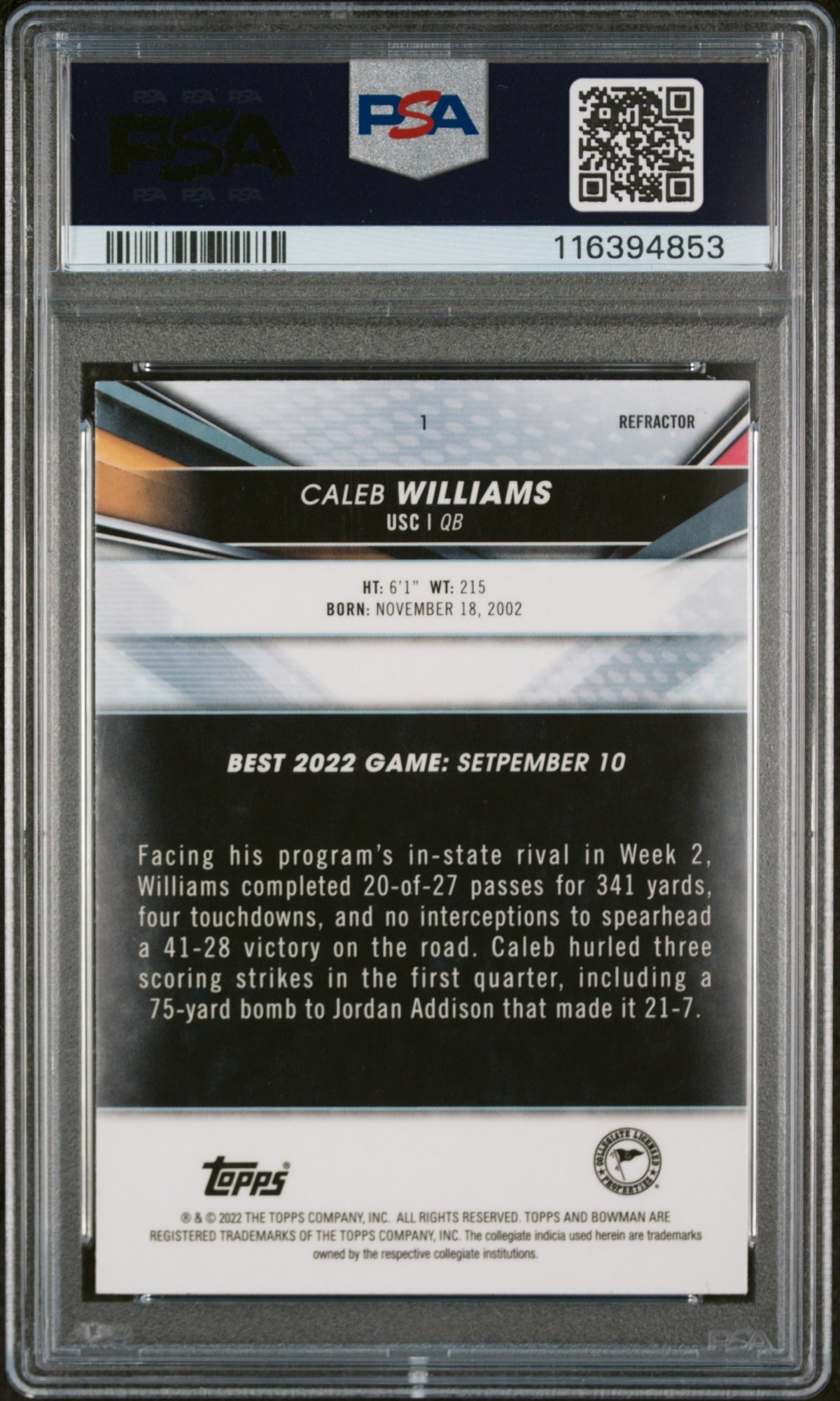 2022 Bowman'S Best University #1 Caleb Williams PSA 10