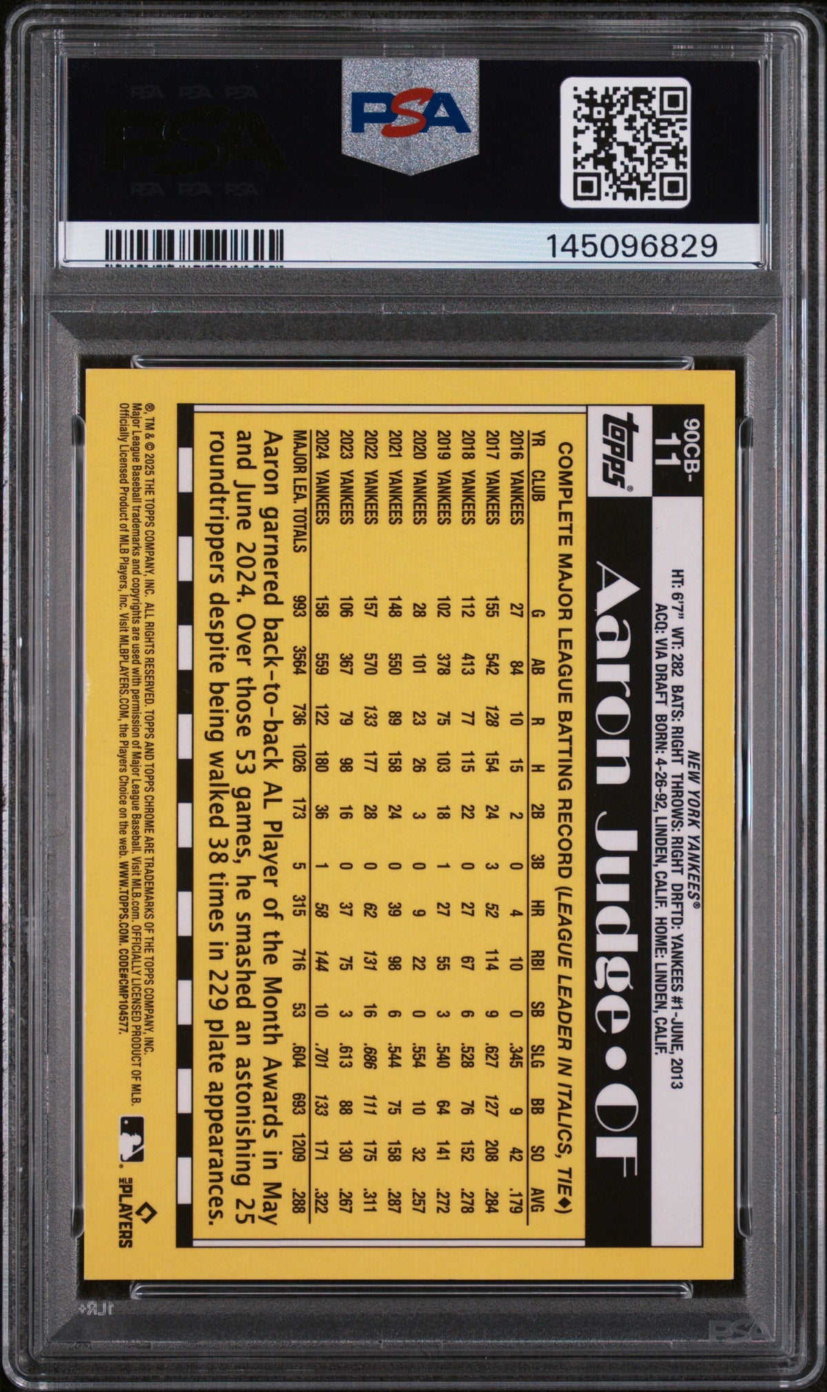 2025 Topps Chrome 1990 Topps #90CB11 Aaron Judge 1990 Topps-Gold Refractor PSA 9